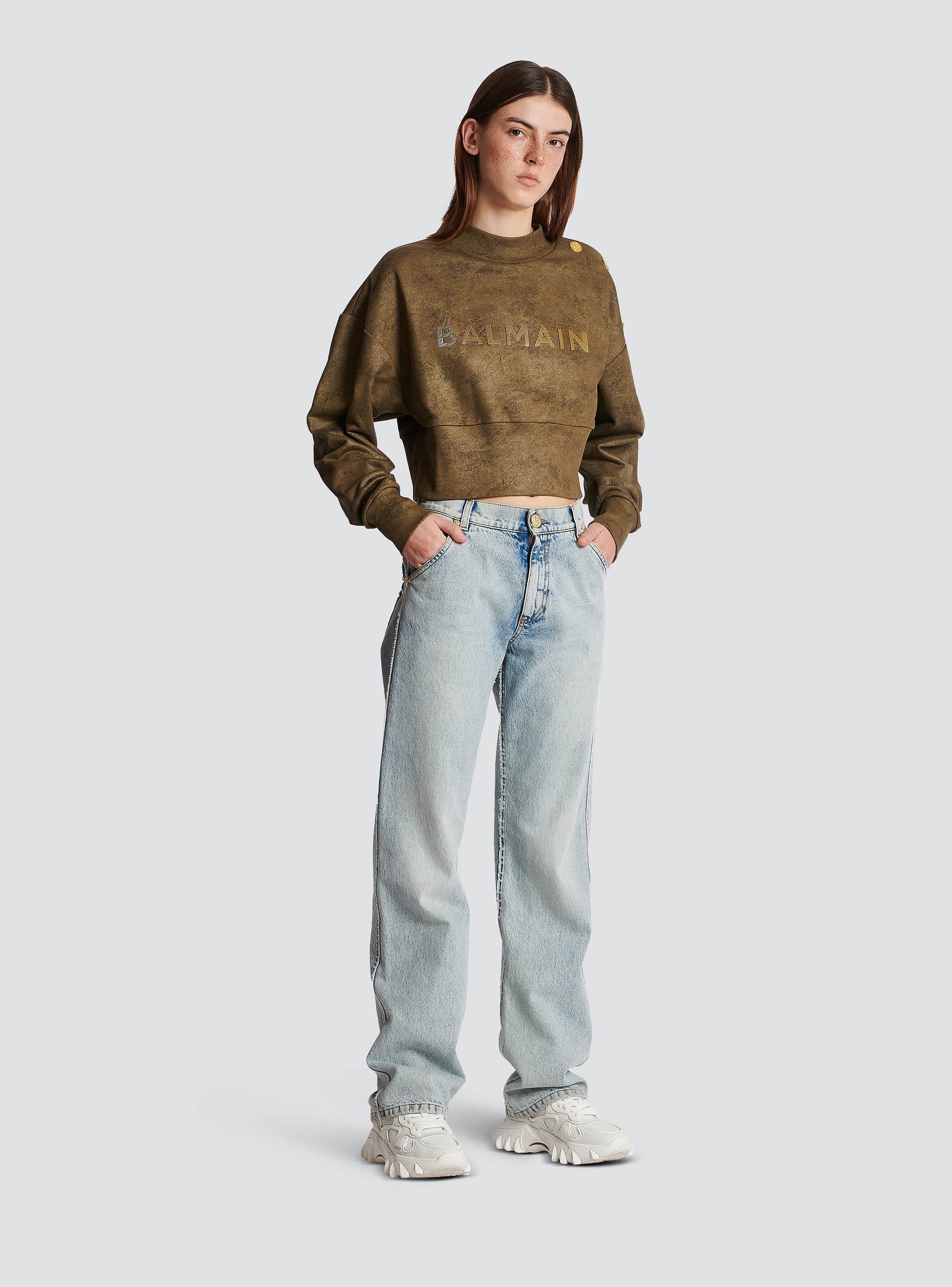 Eco-responsible cotton cropped sweatshirt with metallic Balmain logo