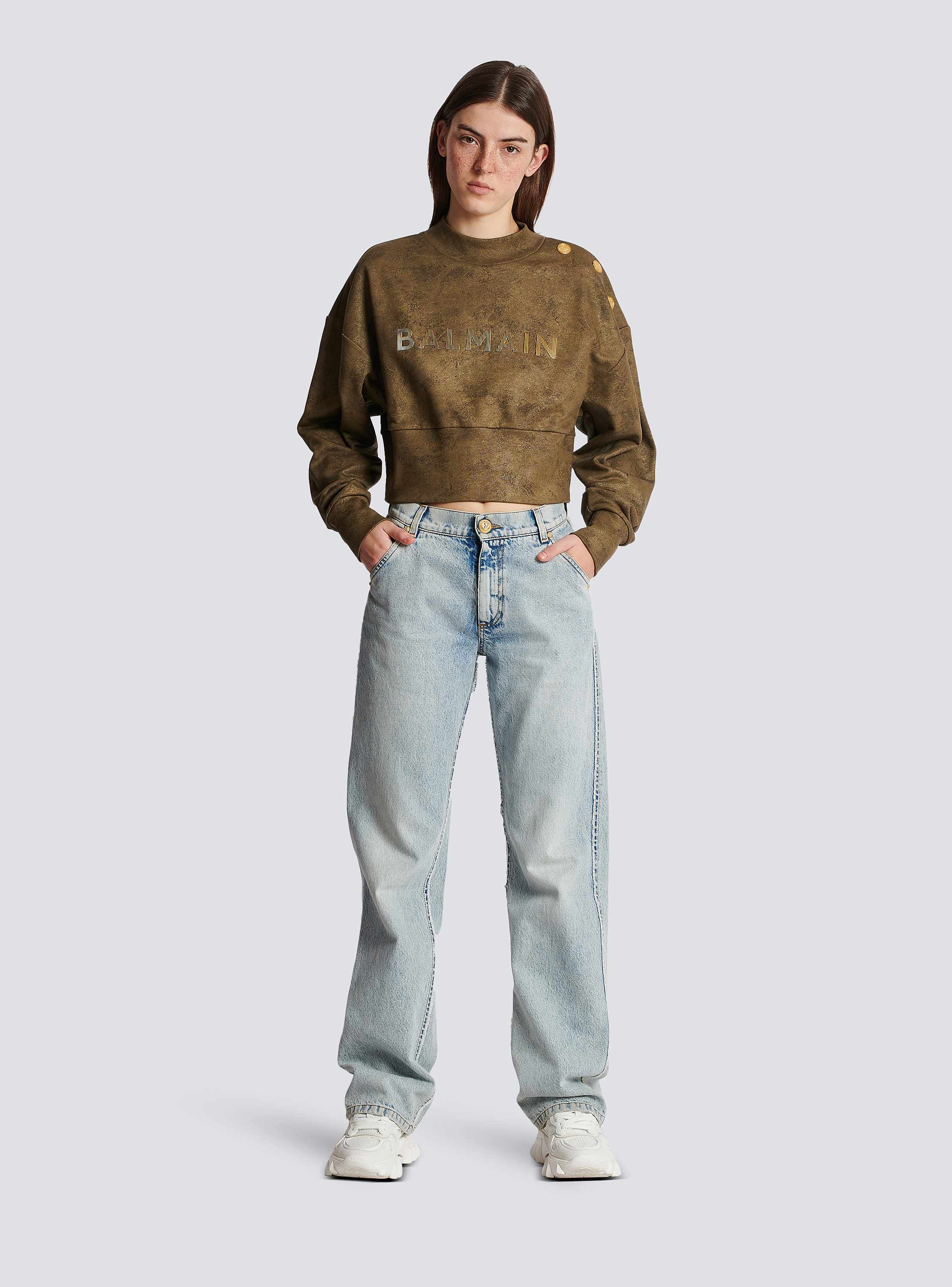 Eco-responsible cotton cropped sweatshirt with metallic Balmain logo