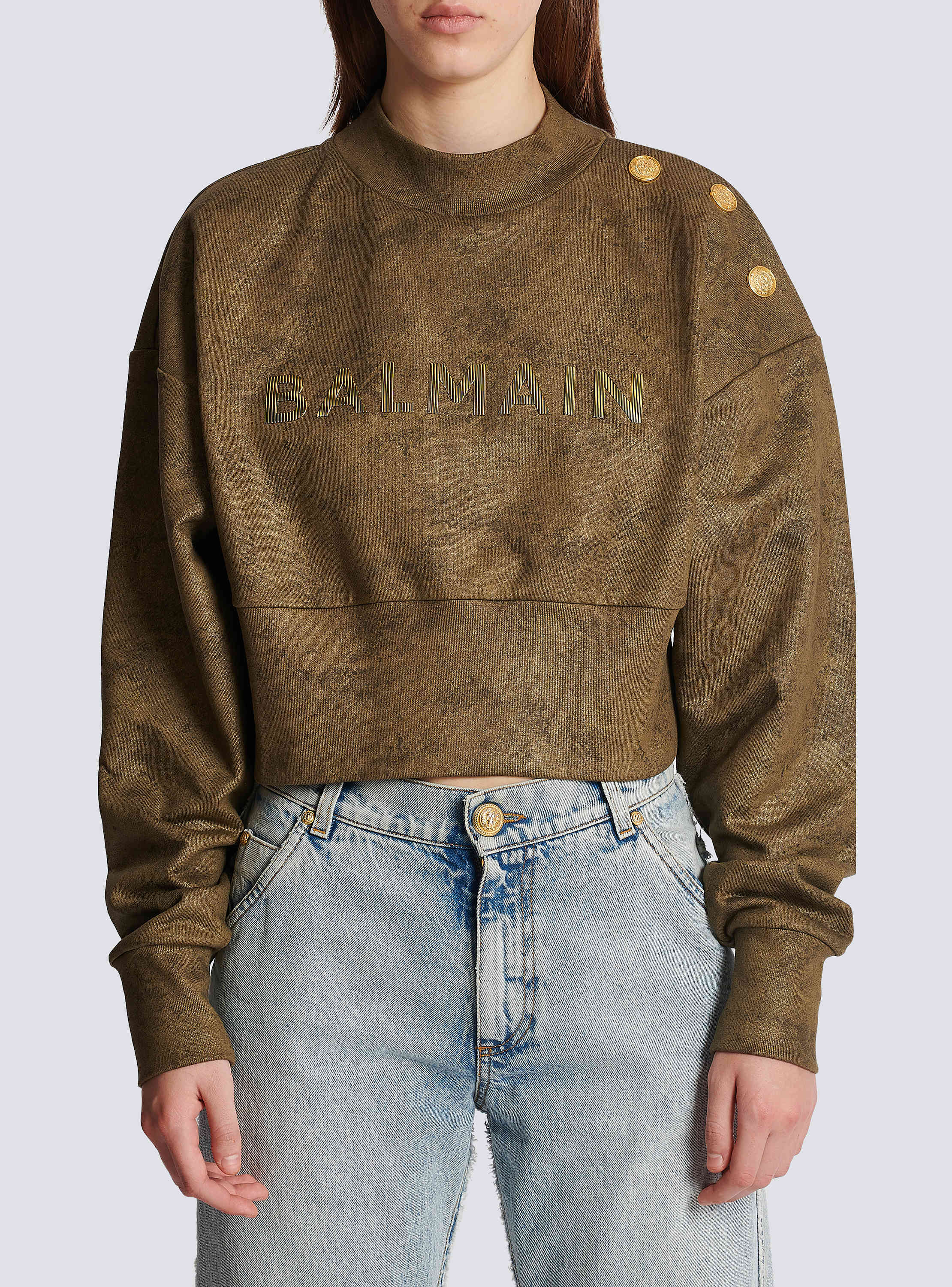 Eco-responsible cotton cropped sweatshirt with metallic Balmain logo