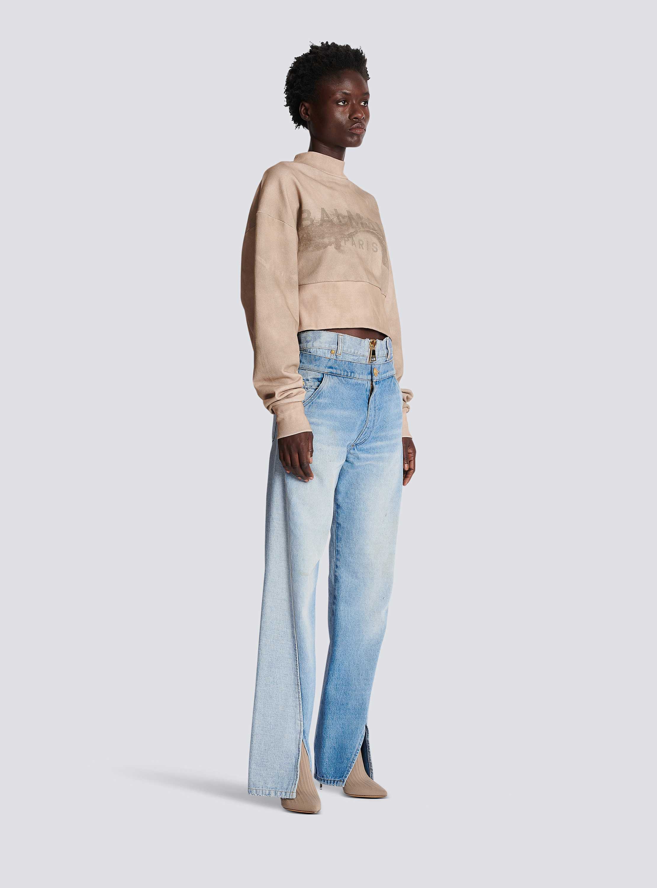 Eco-responsible cotton cropped sweatshirt with Balmain logo print