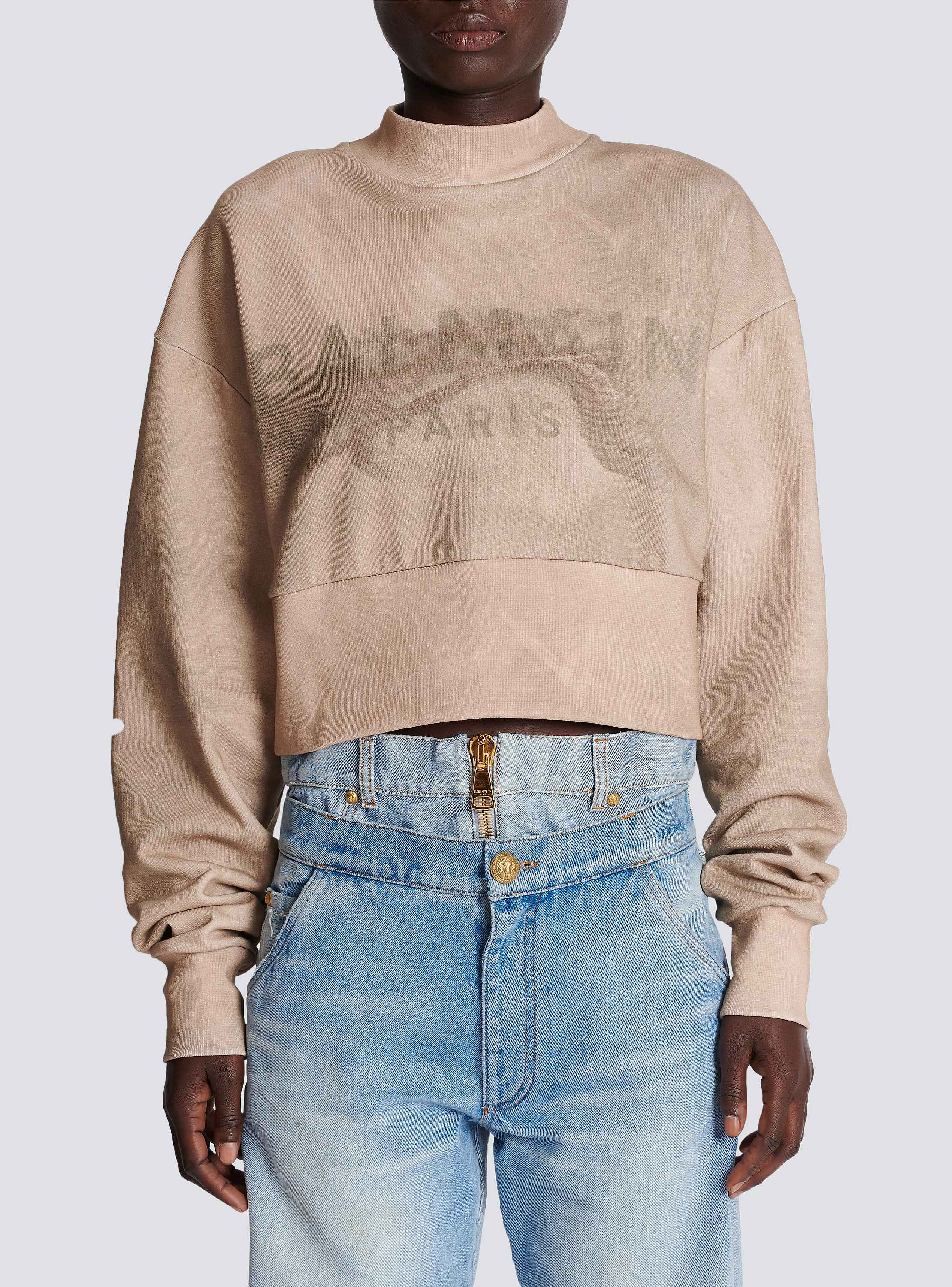Eco-responsible cotton cropped sweatshirt with Balmain logo print