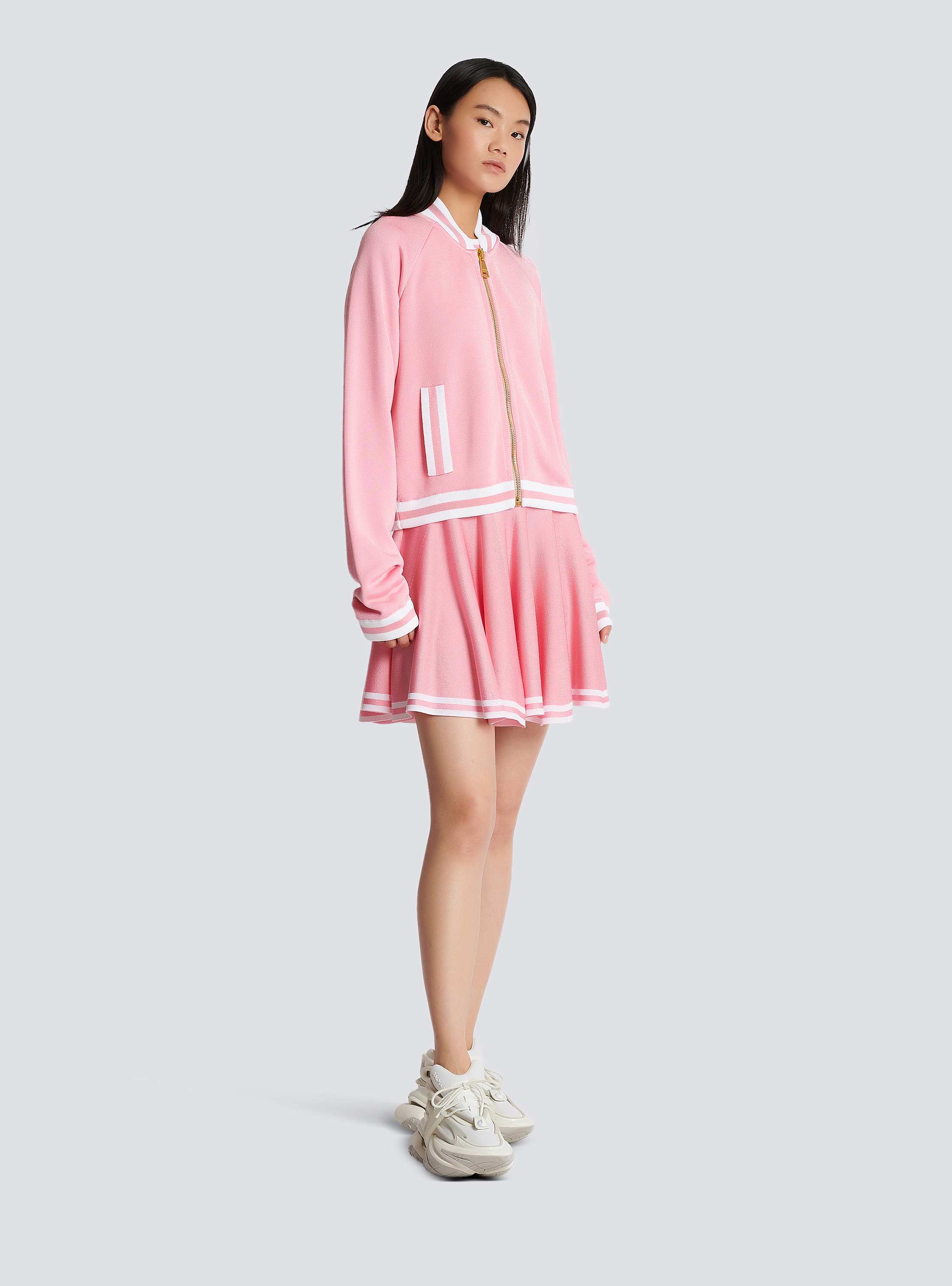条纹细节网眼针织短款棒球服外套