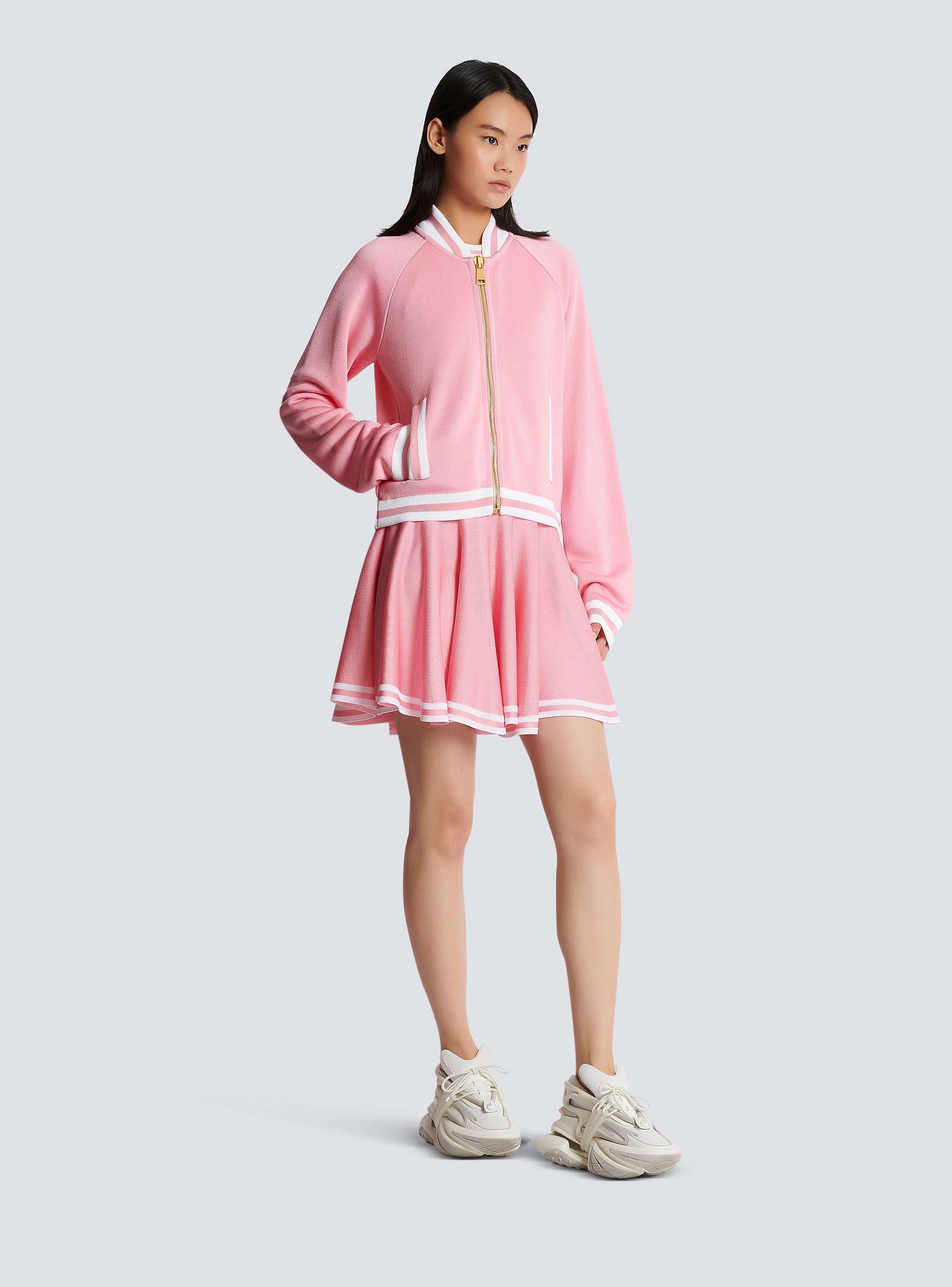 条纹细节网眼针织短款棒球服外套
