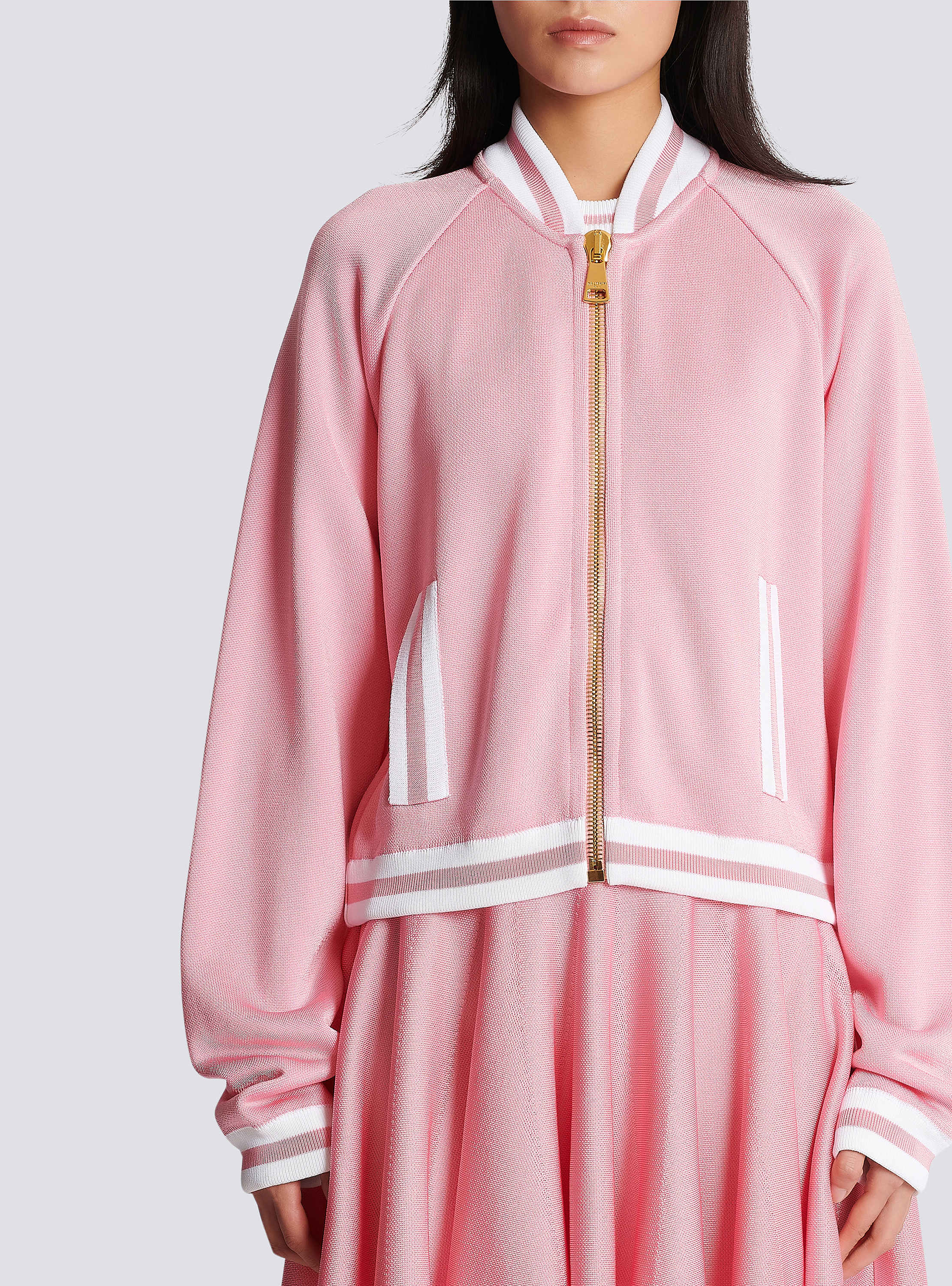 条纹细节网眼针织短款棒球服外套