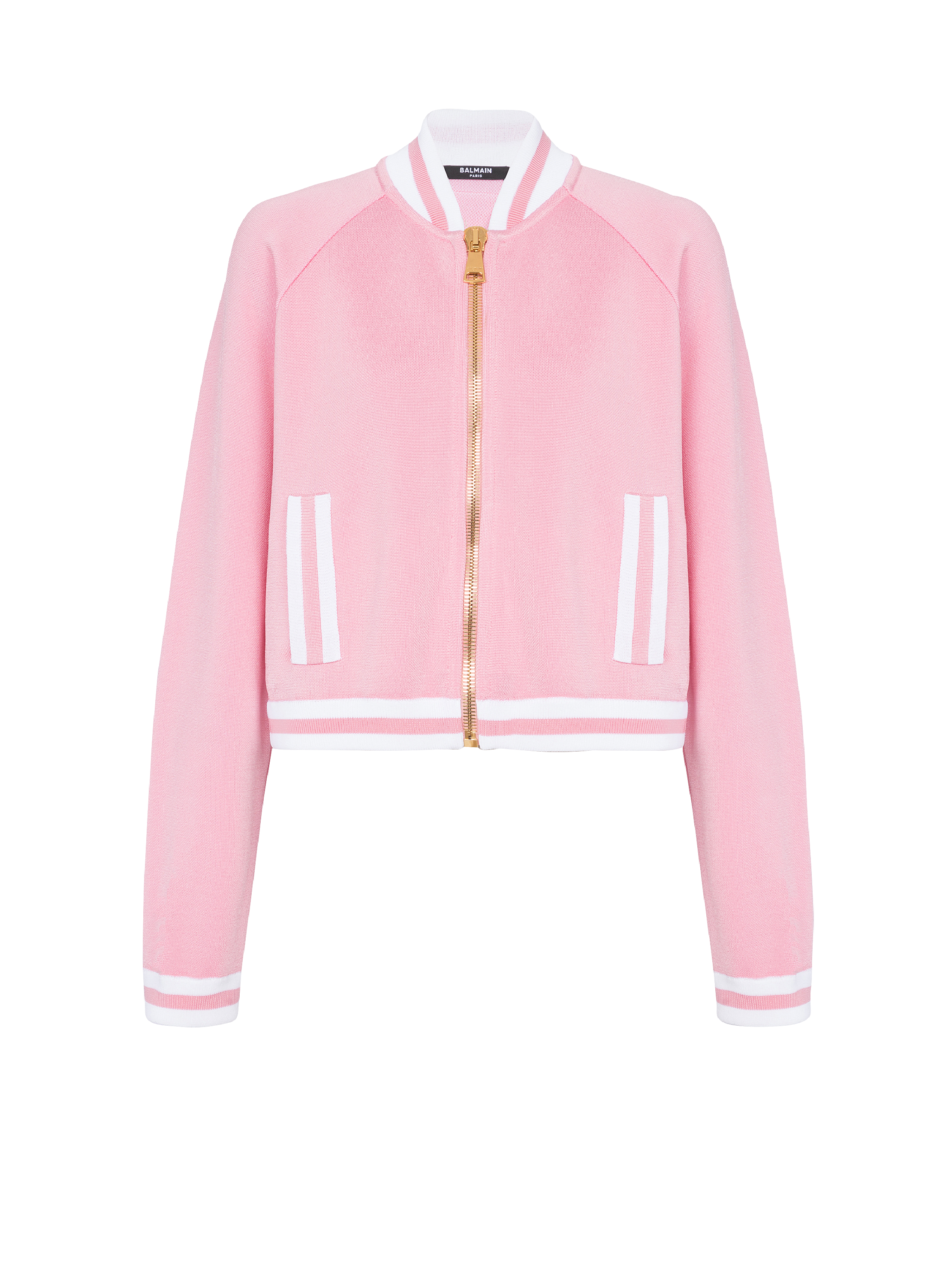 条纹细节网眼针织短款棒球服外套