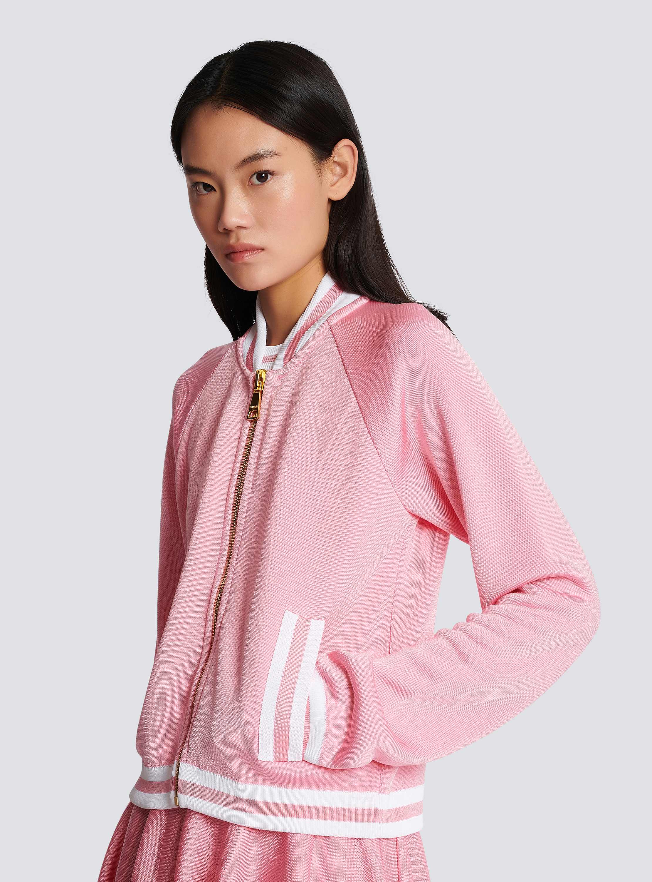 条纹细节网眼针织短款棒球服外套