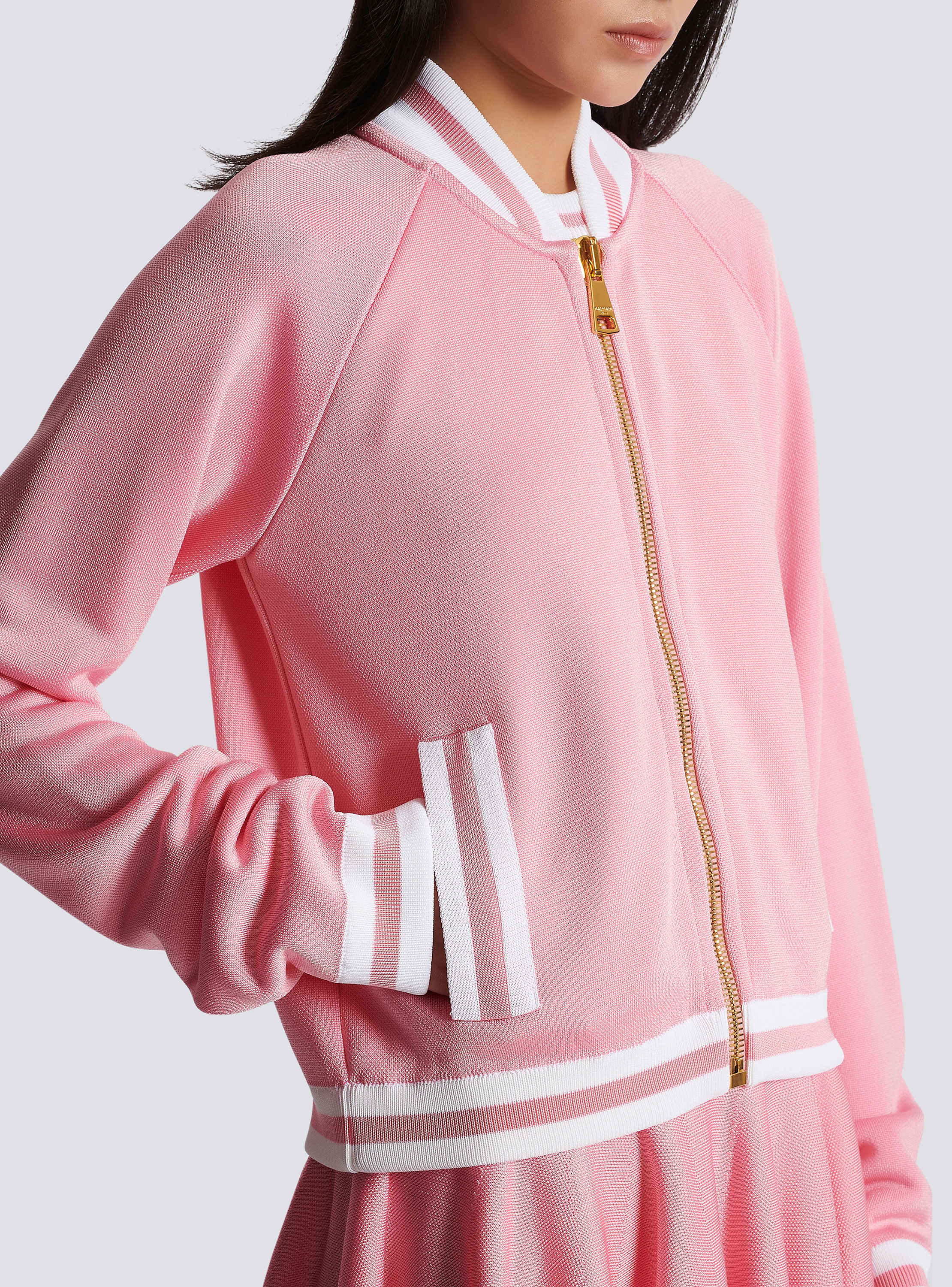 条纹细节网眼针织短款棒球服外套