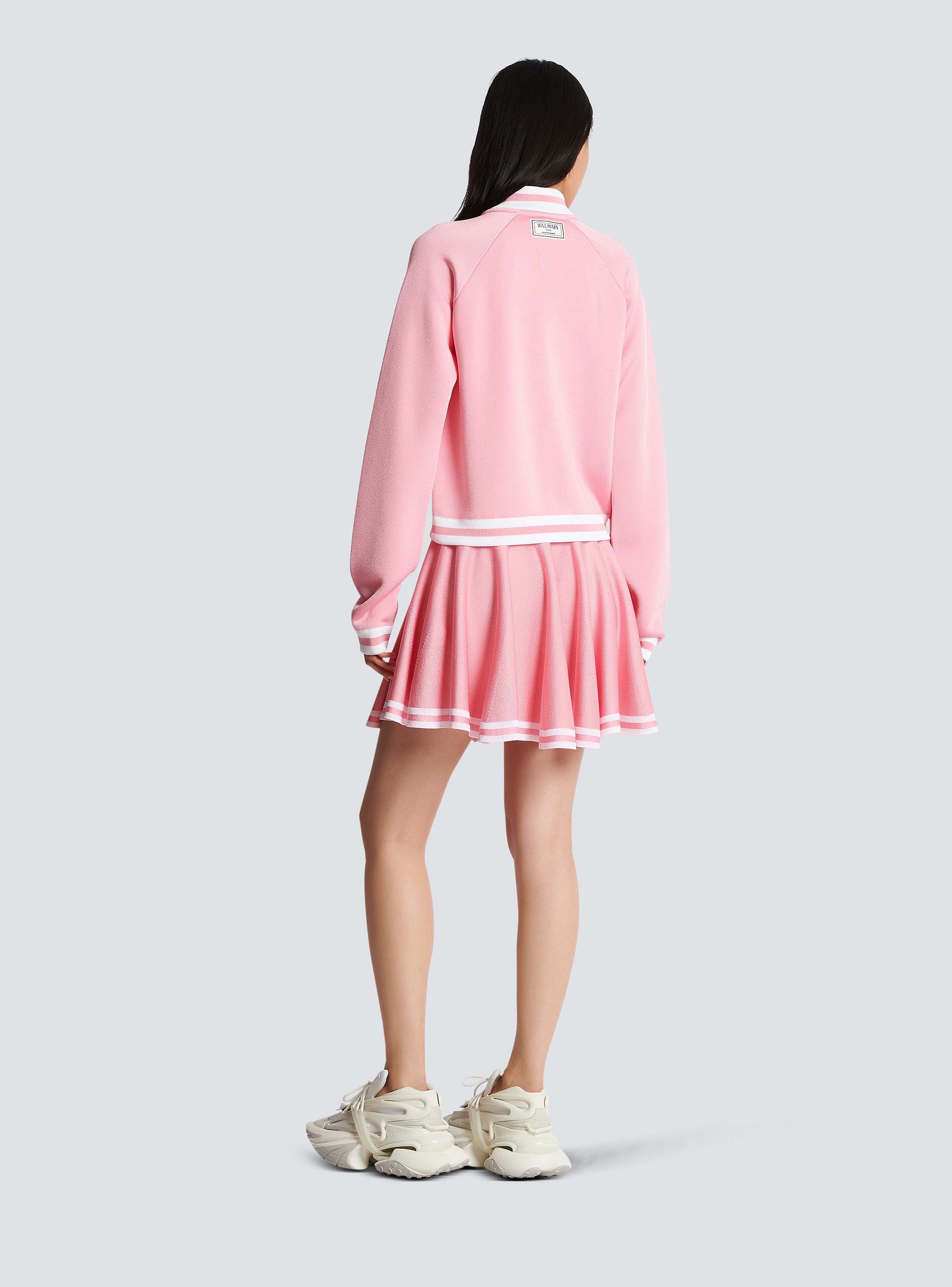 条纹细节网眼针织短款棒球服外套