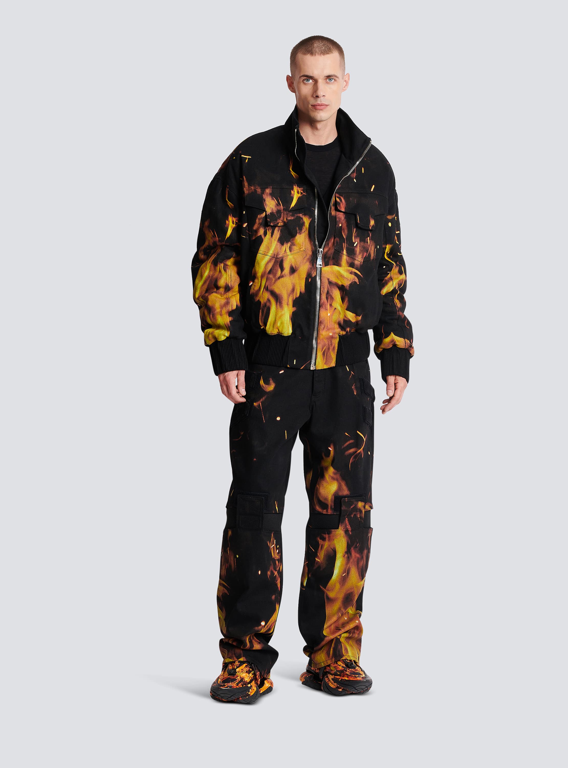 Fire print denim bomber jacket