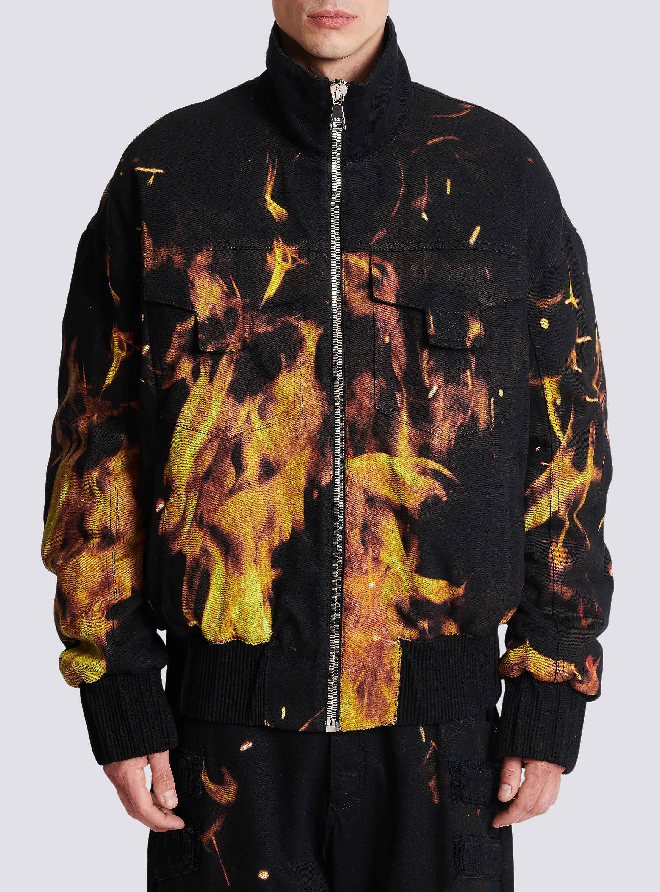 Fire print denim bomber jacket