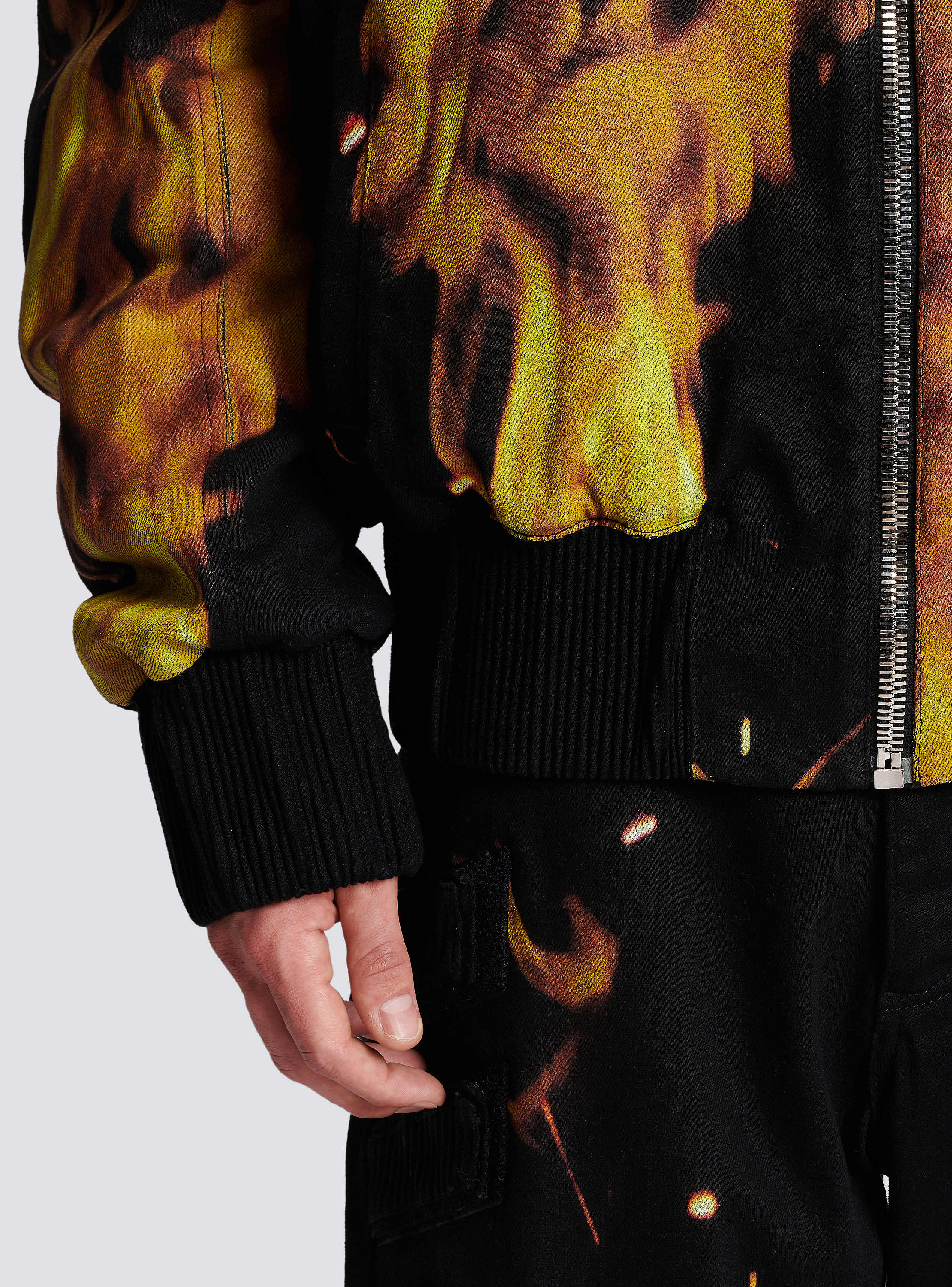 Fire print denim bomber jacket