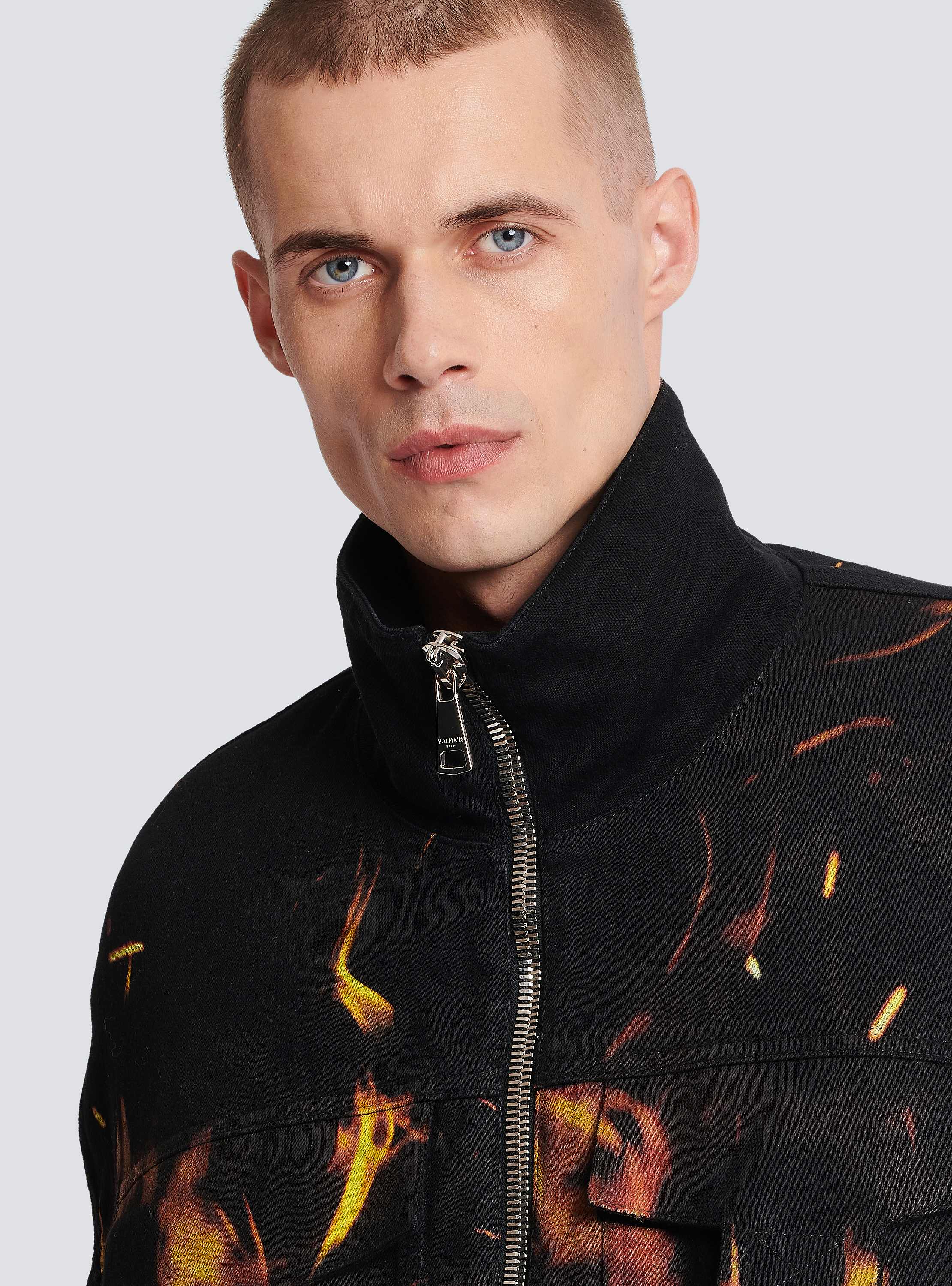 Fire print denim bomber jacket
