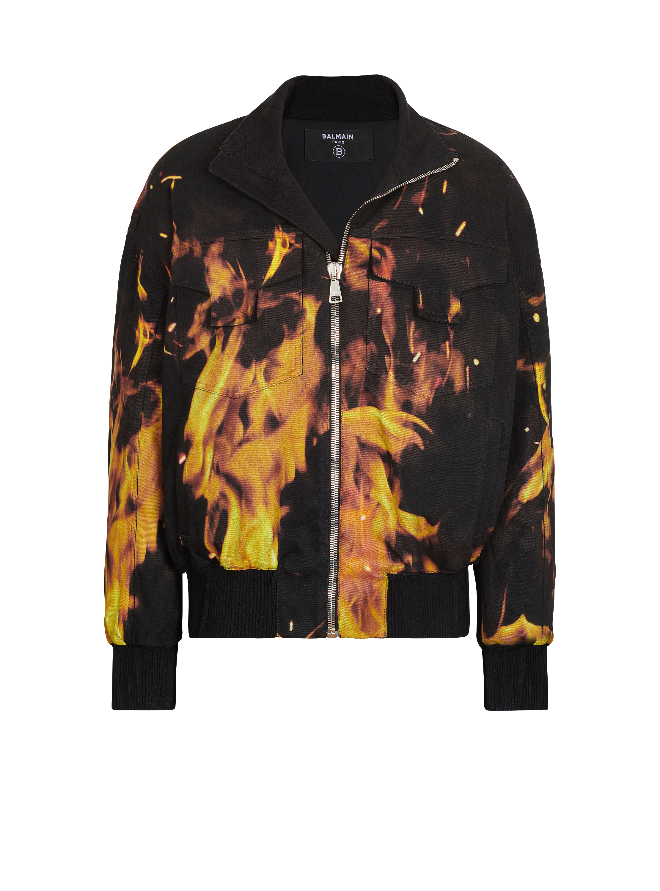 Fire print denim bomber jacket