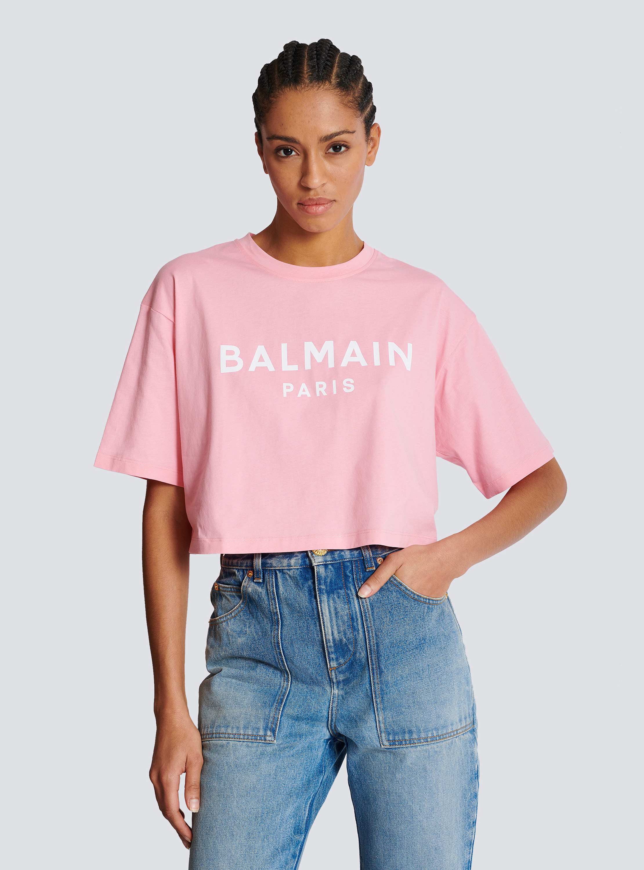 Tシャツ・カットソー BALMAIN Woman T-Shirt Pink BF1EE020BB02 OHV T-shirt with Balmain Paris print pink - Women | BALMAIN