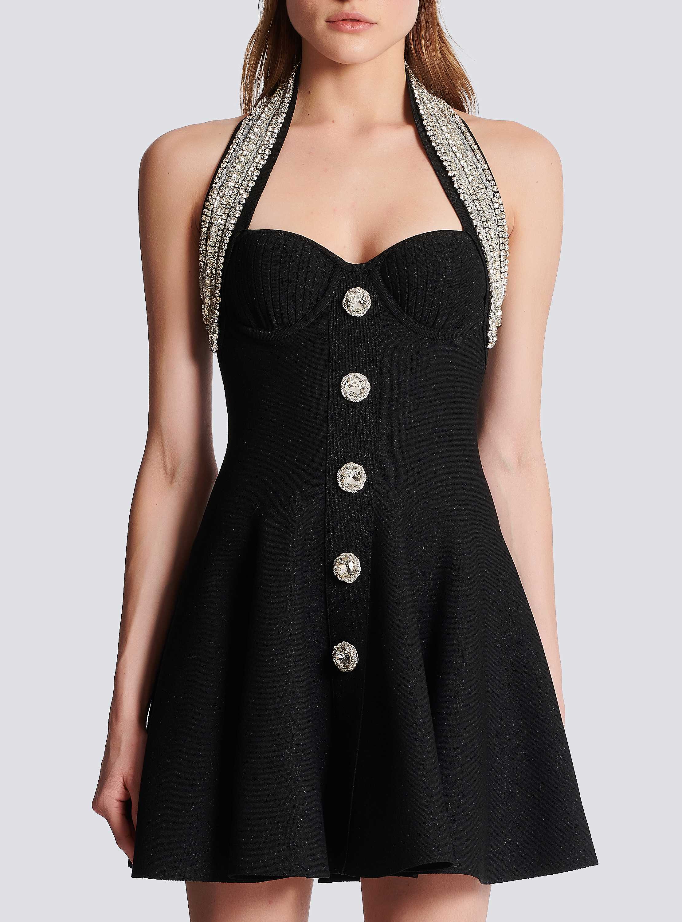 【関税込み】Balmain ブラック ホルター ミディアムドレス Embroidered velvet halterneck dress black - Women | BALMAIN
