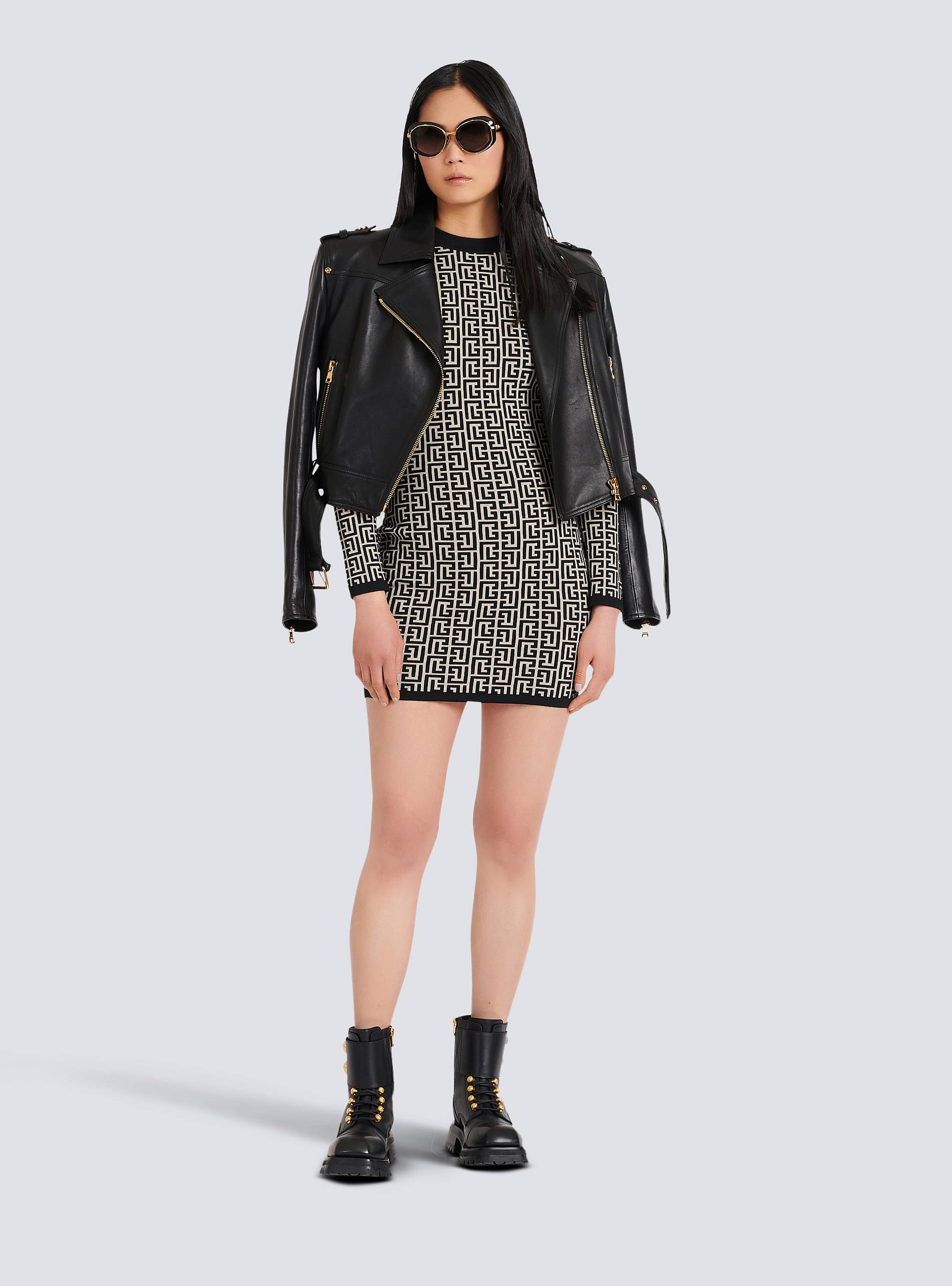 Short bicolor jacquard dress with Balmain monogram black