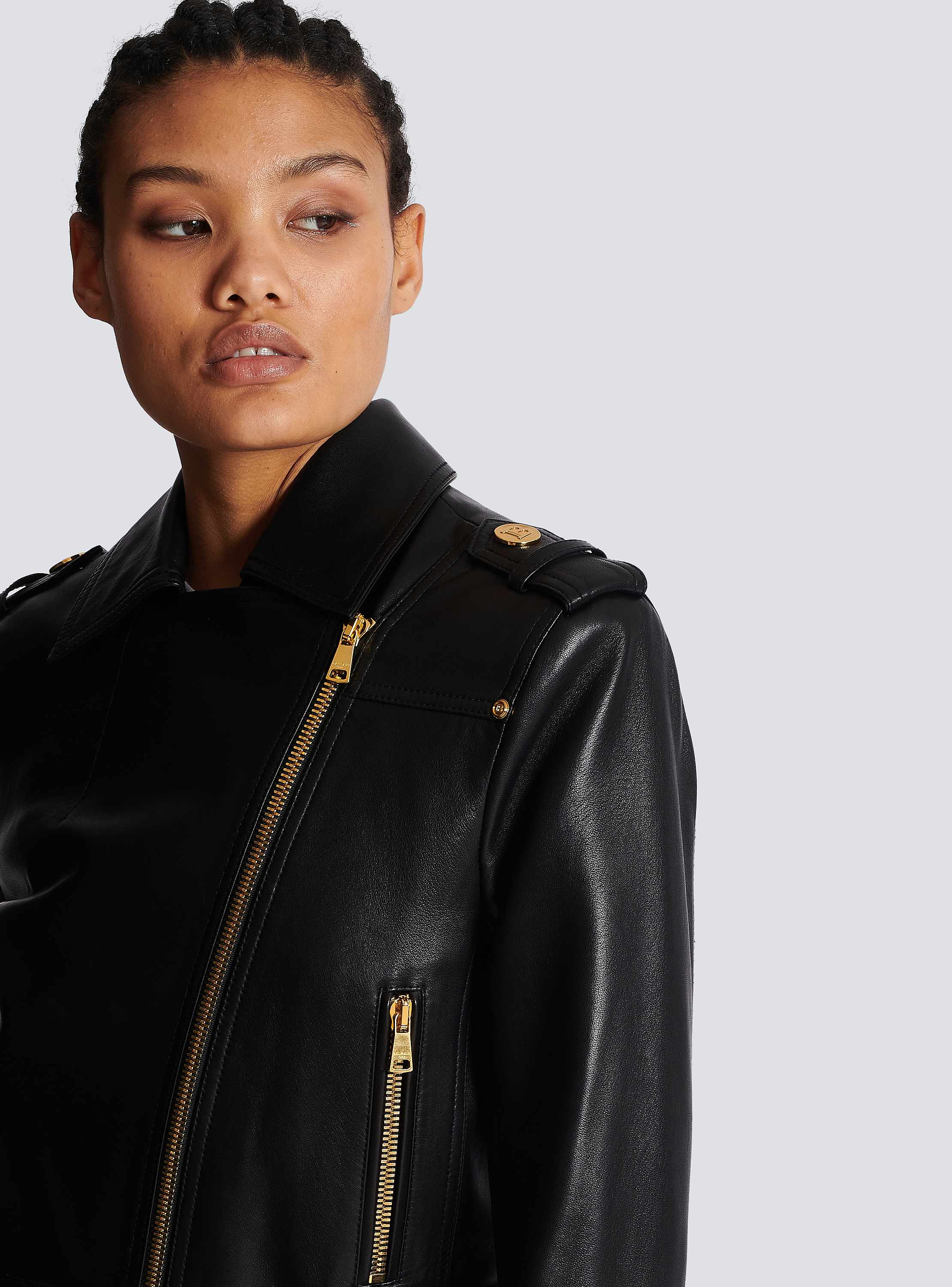Short leather biker jacket black - Women | BALMAIN