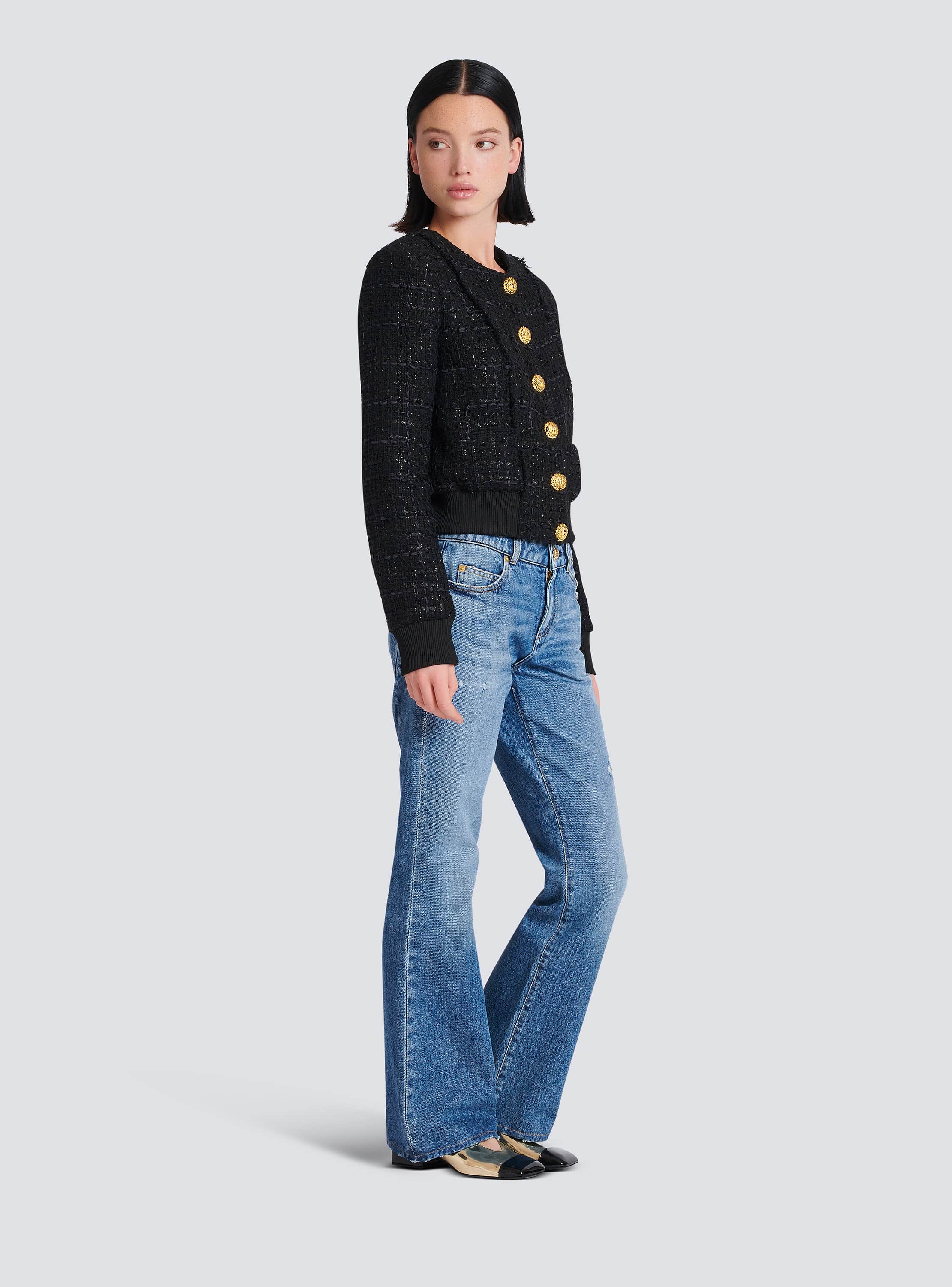 ジャケット BALMAIN Woman Jacket Blue CF1SK056KF88 SLJ Cropped denim jacket in blue - Balmain | Mytheresa