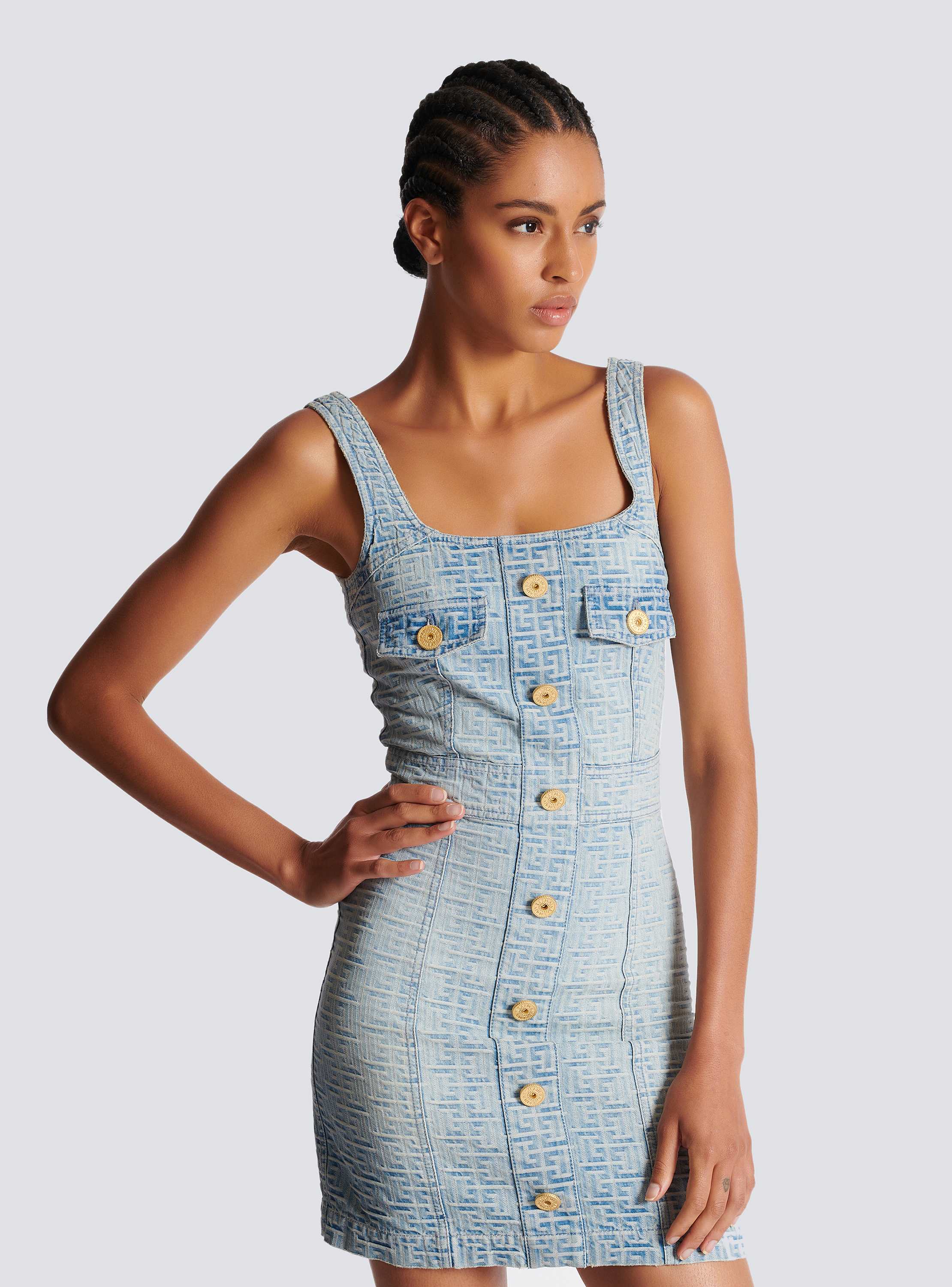 Monogrammed short denim dress - Women | BALMAIN