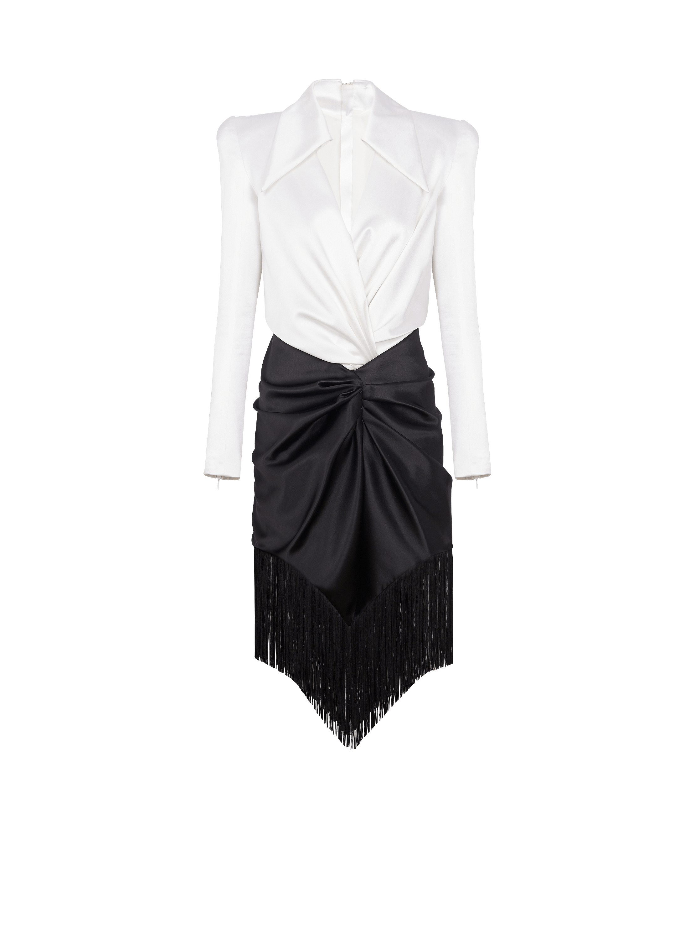 Robe de tailleur en satin drap&eacute; et frang&eacute;