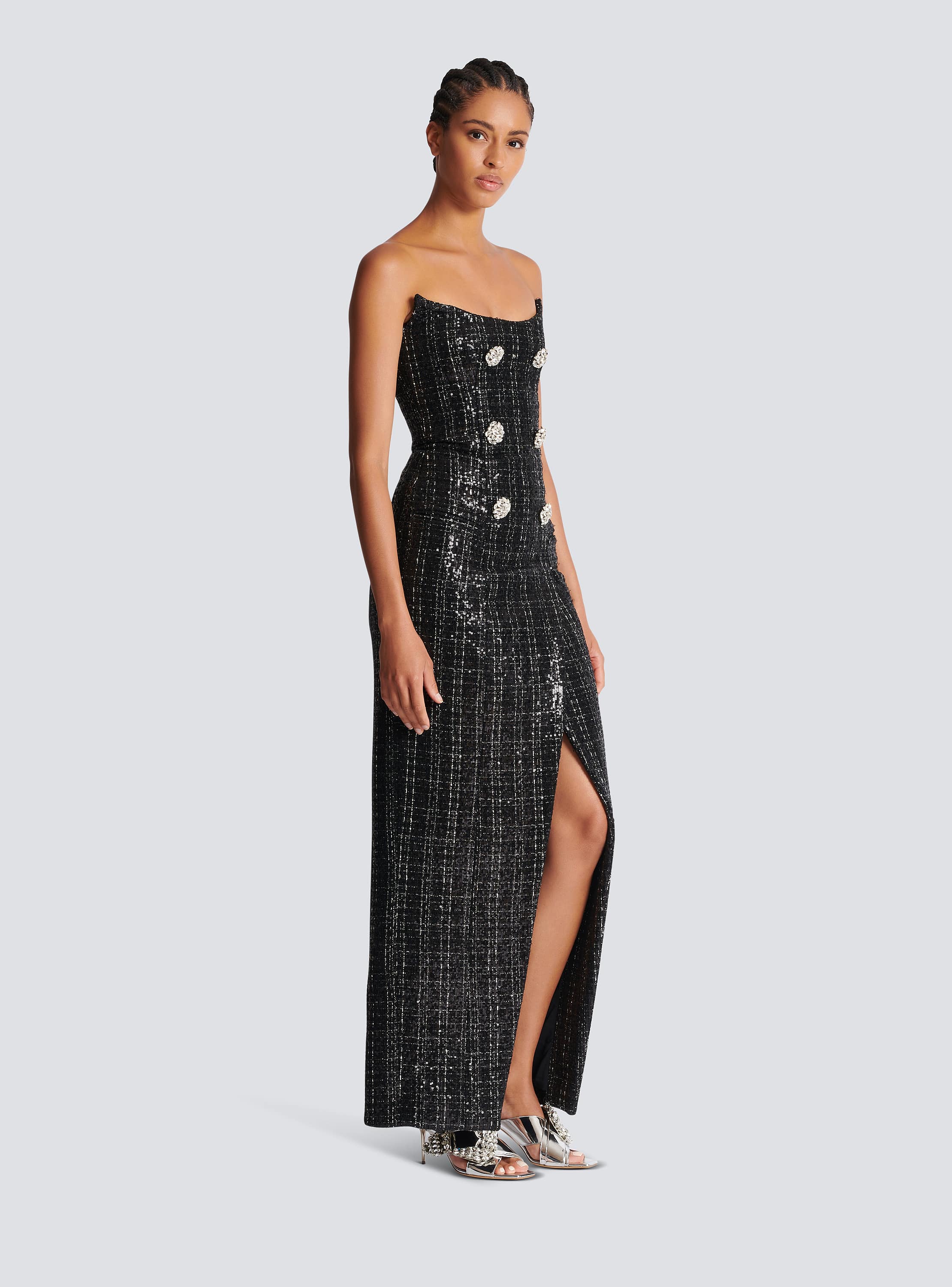Strapless Long Tweed Dress with Glitter