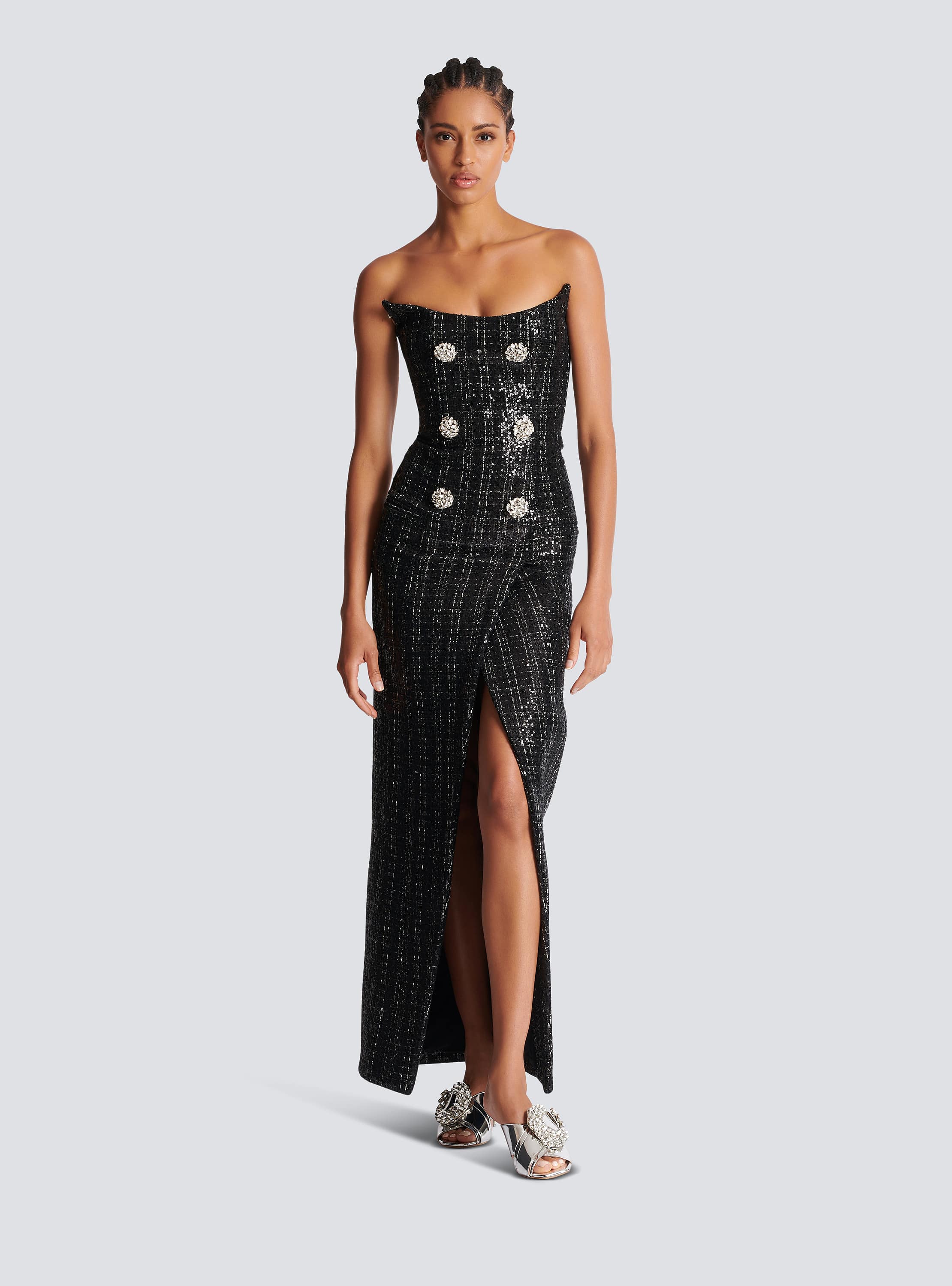 Strapless Long Tweed Dress with Glitter