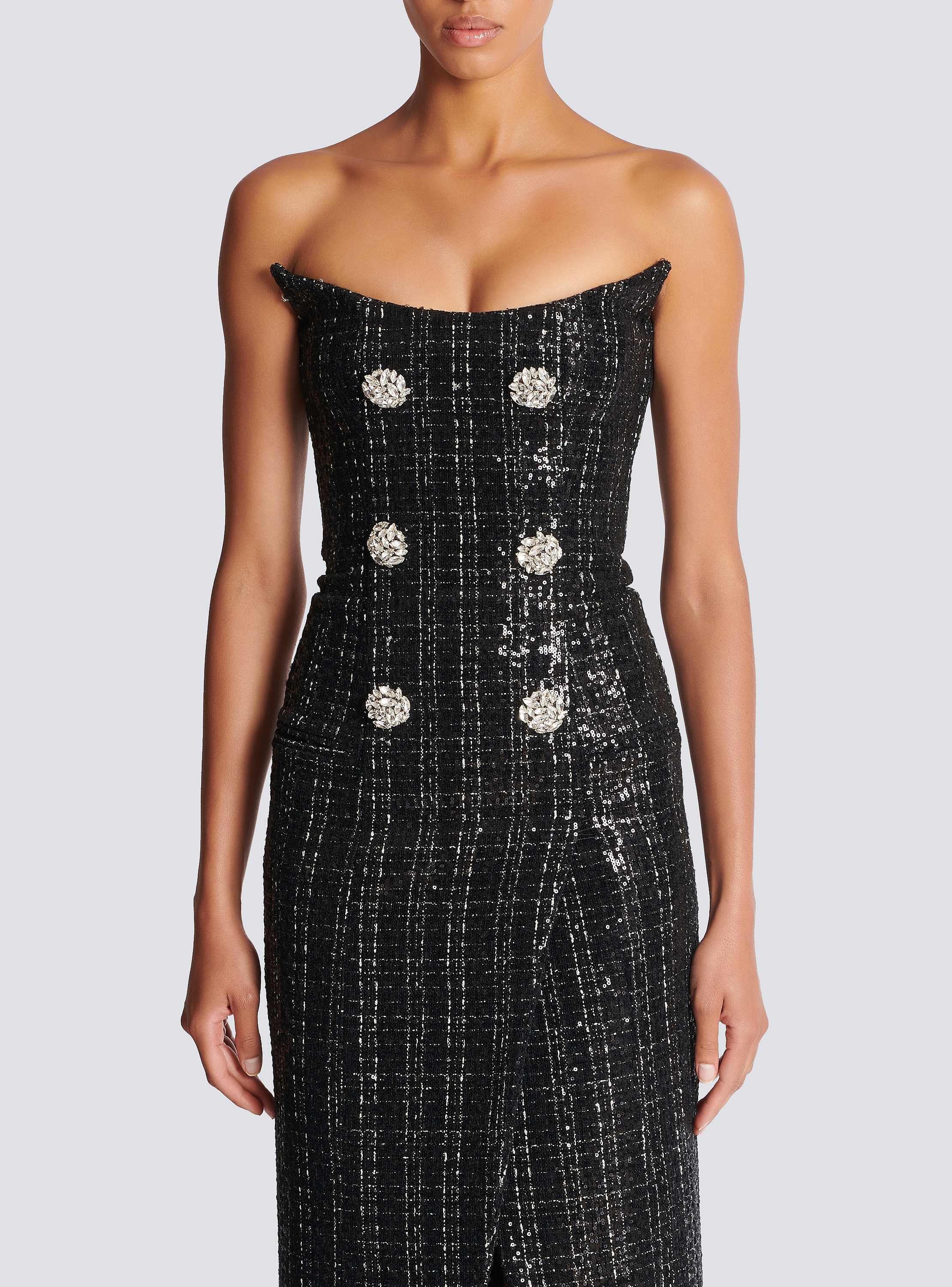 Strapless Long Tweed Dress with Glitter