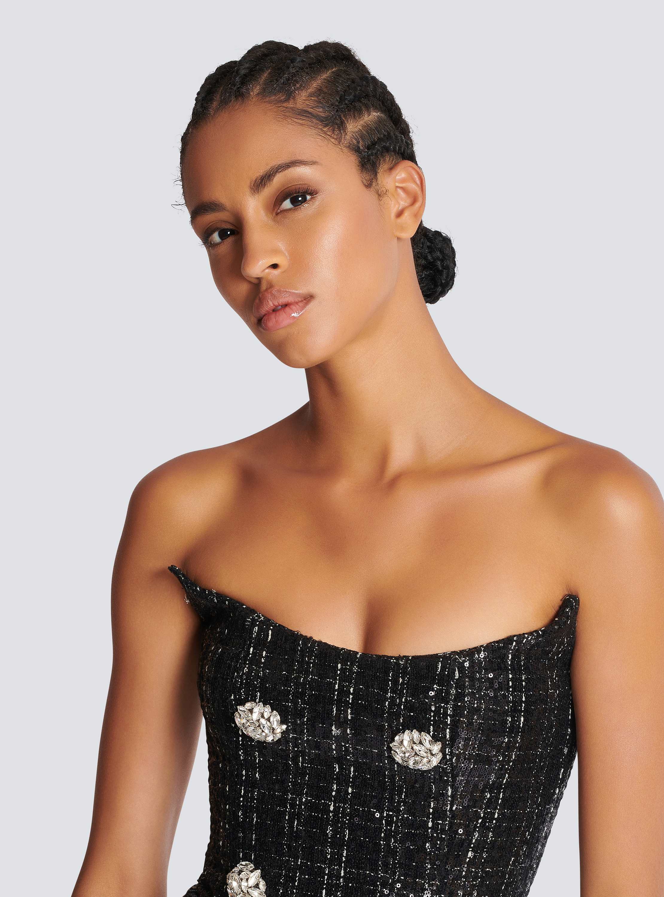Strapless Long Tweed Dress with Glitter