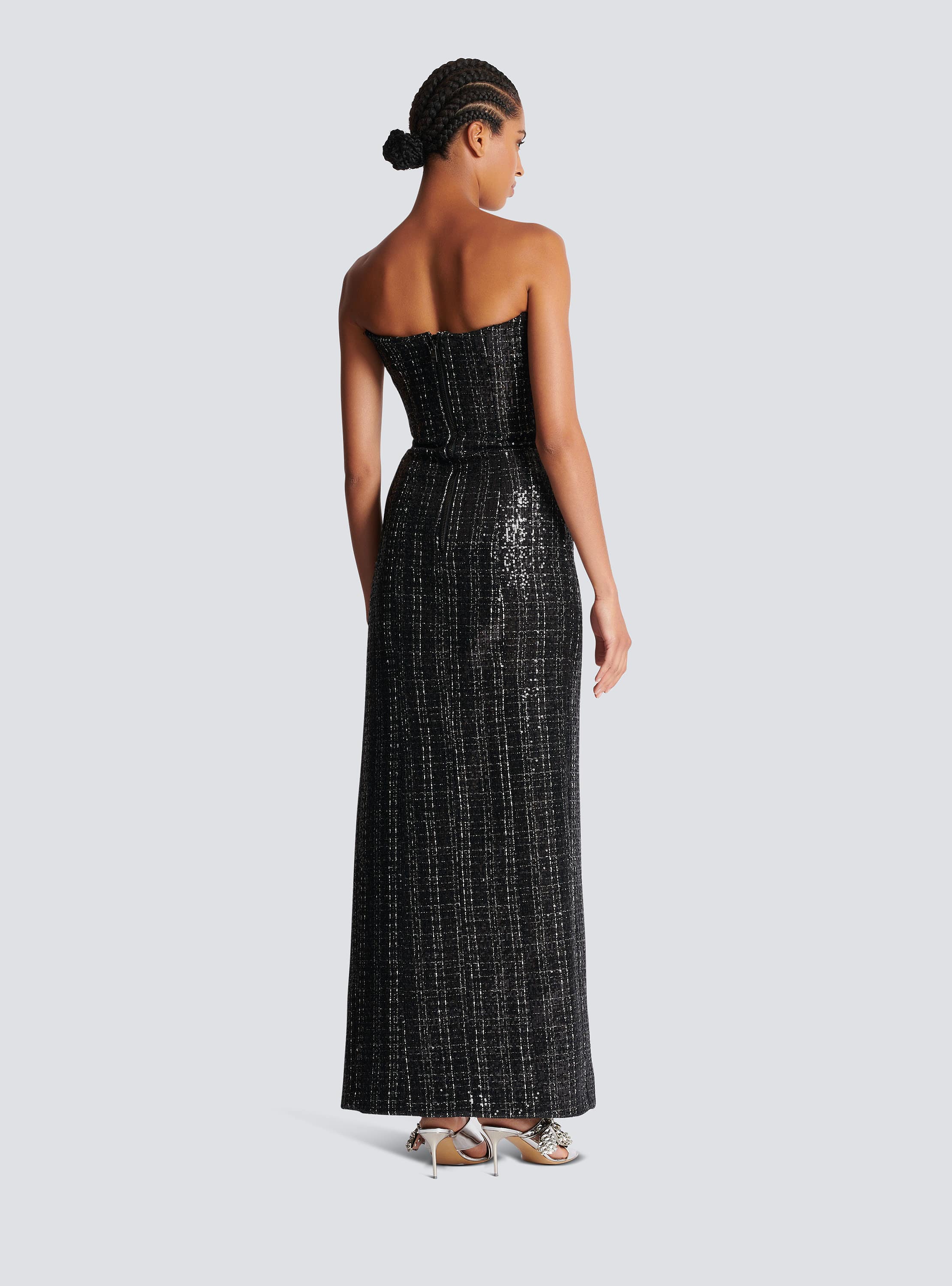 Strapless Long Tweed Dress with Glitter