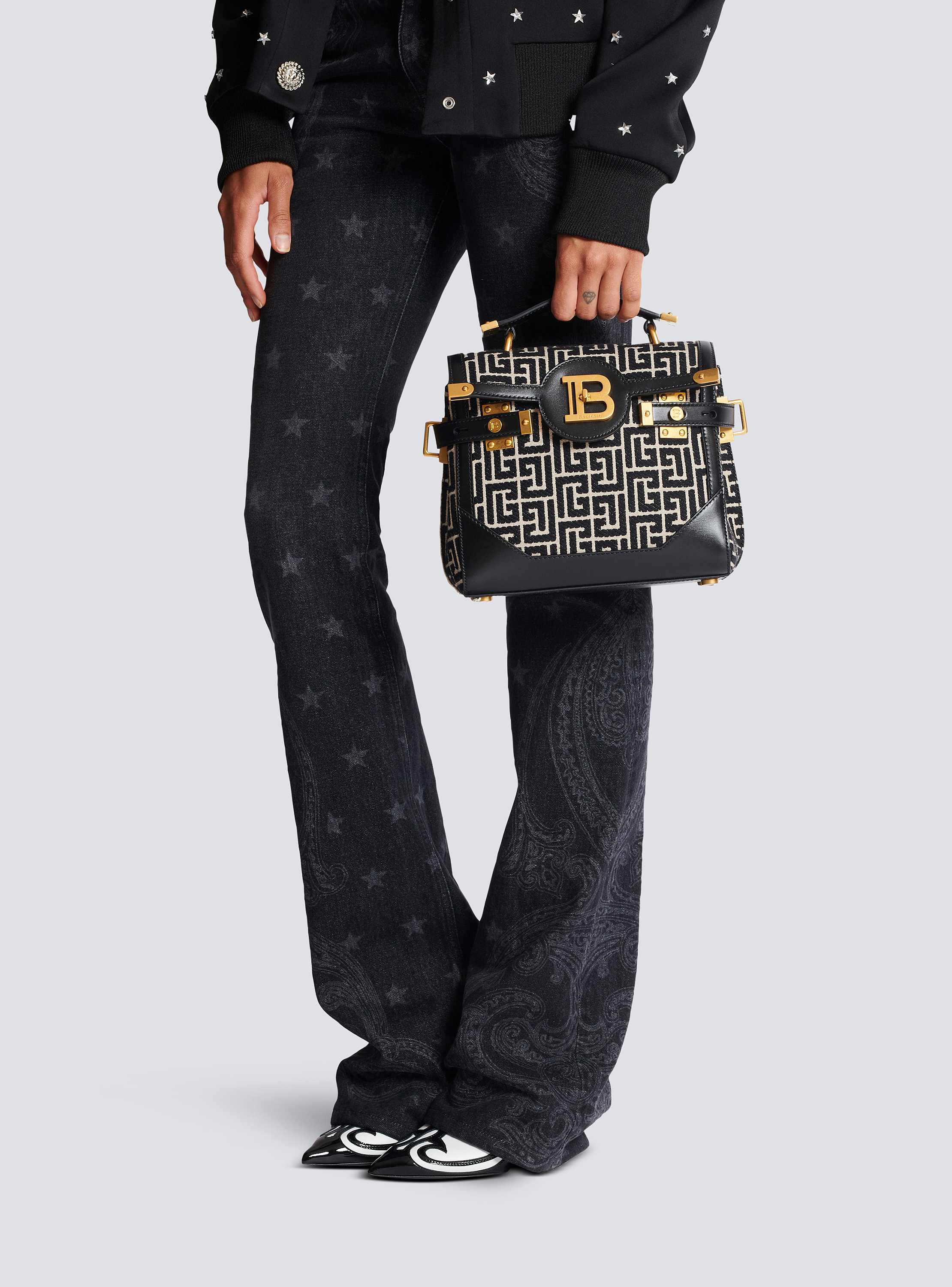 Bicolor jacquard B-Buzz 23 bag with black leather panel