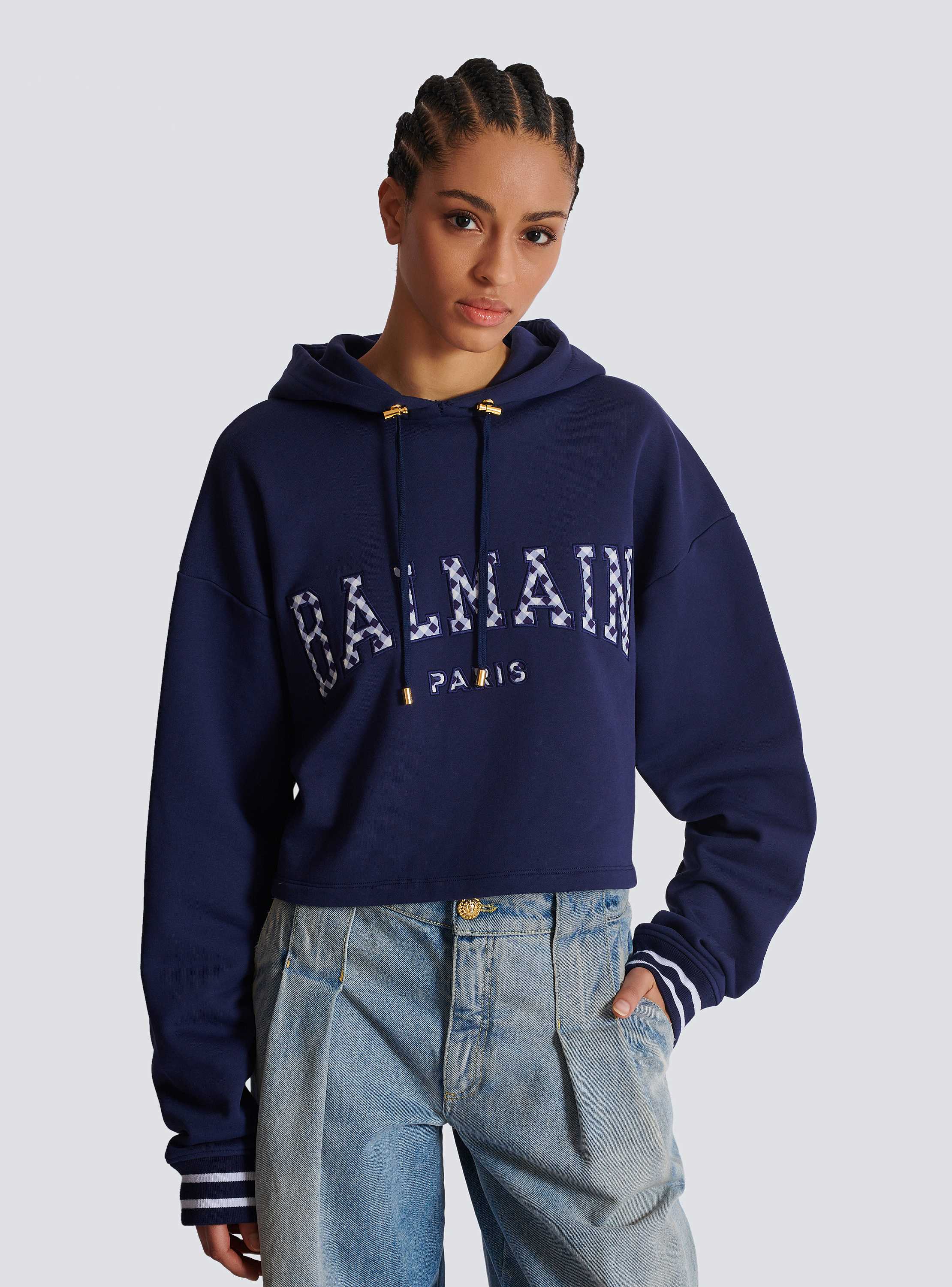 Balmain Paris gingham hoodie navy navy - Women | BALMAIN