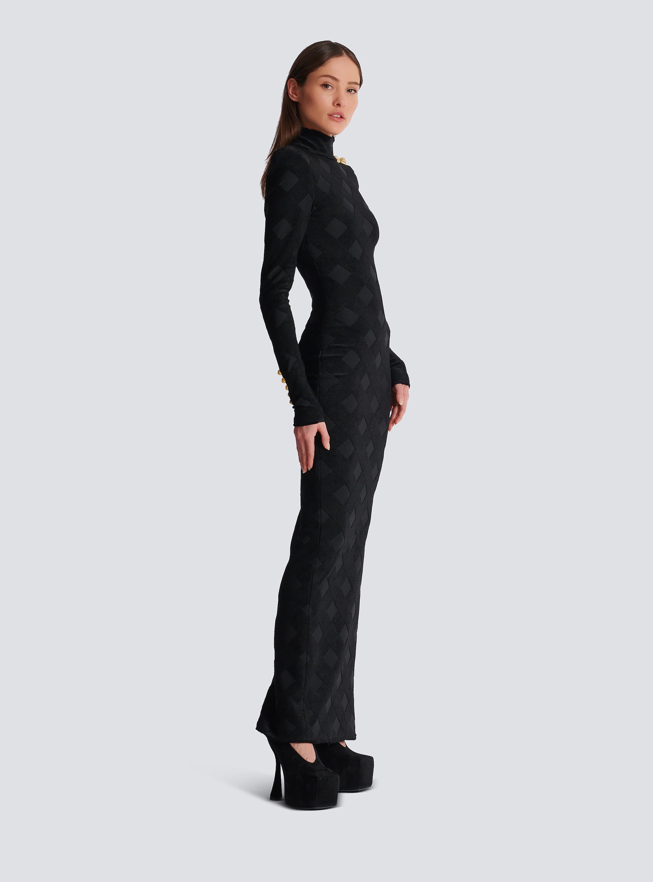 Long gingham bouclé dress black - Women | BALMAIN Long gingham bouclé dress black - Women | BALMAIN