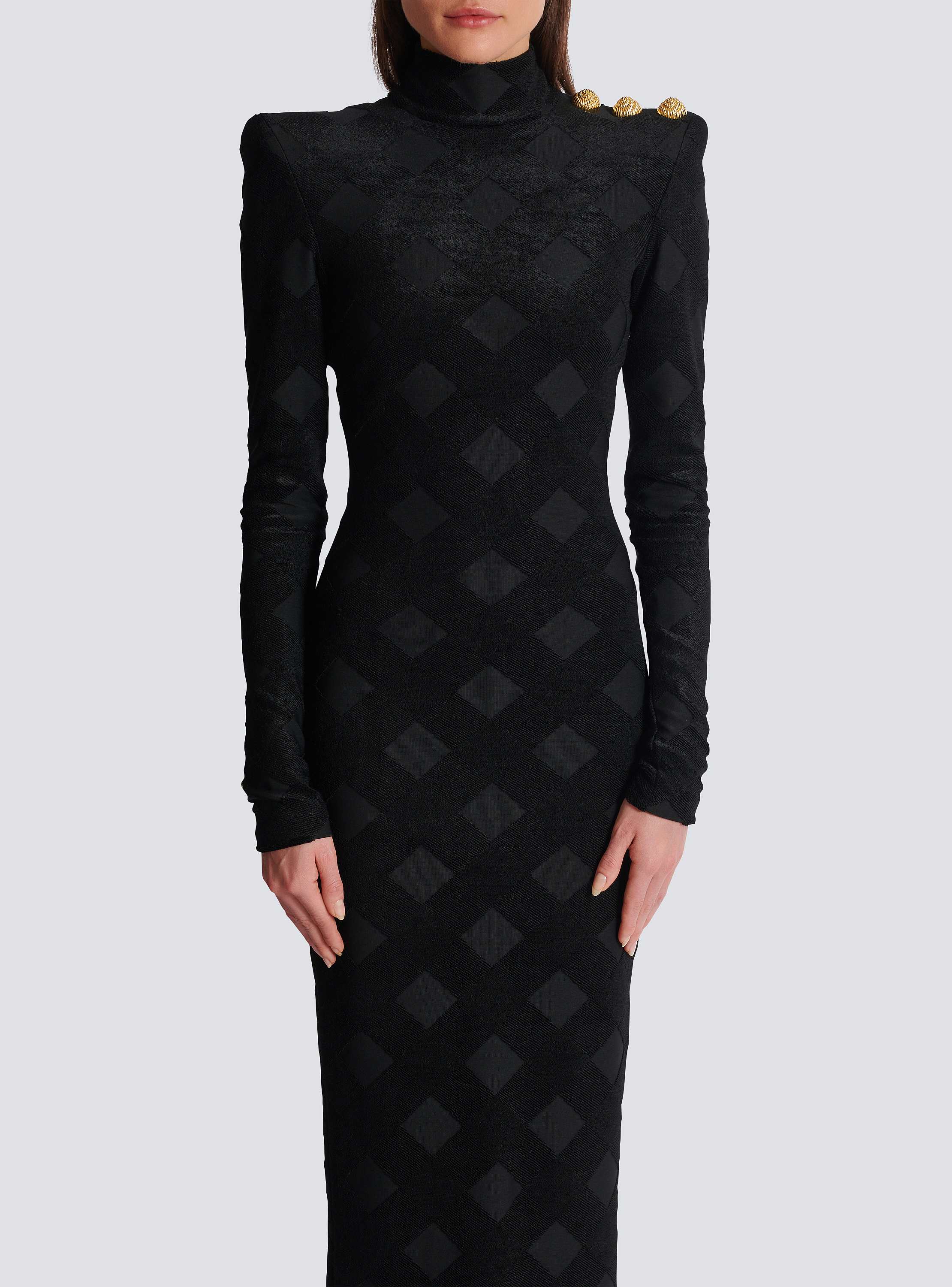 Long gingham bouclé dress black - Women | BALMAIN Long gingham bouclé dress black - Women | BALMAIN