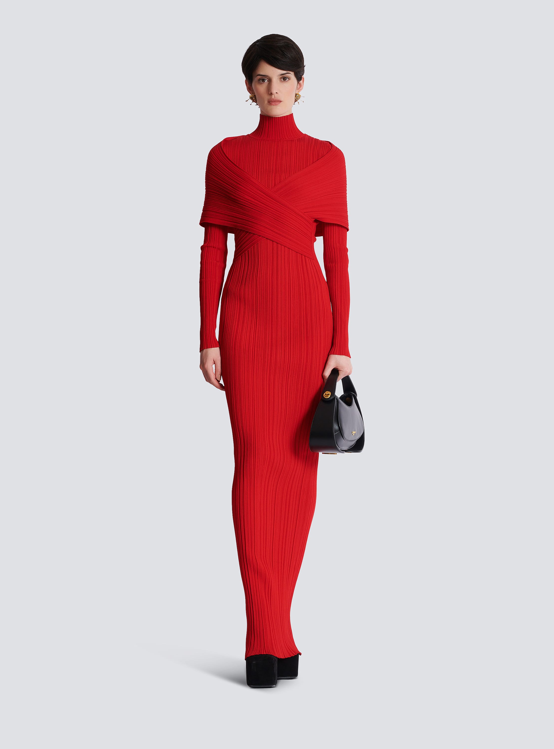 Long pleated knit dress red - Women | BALMAIN