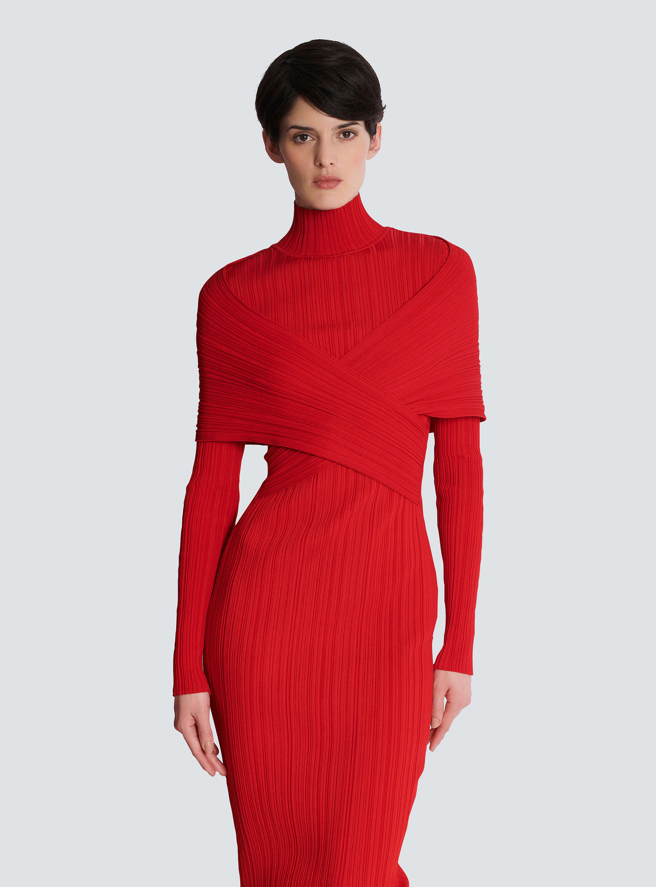 Long pleated knit dress red - Women | BALMAIN