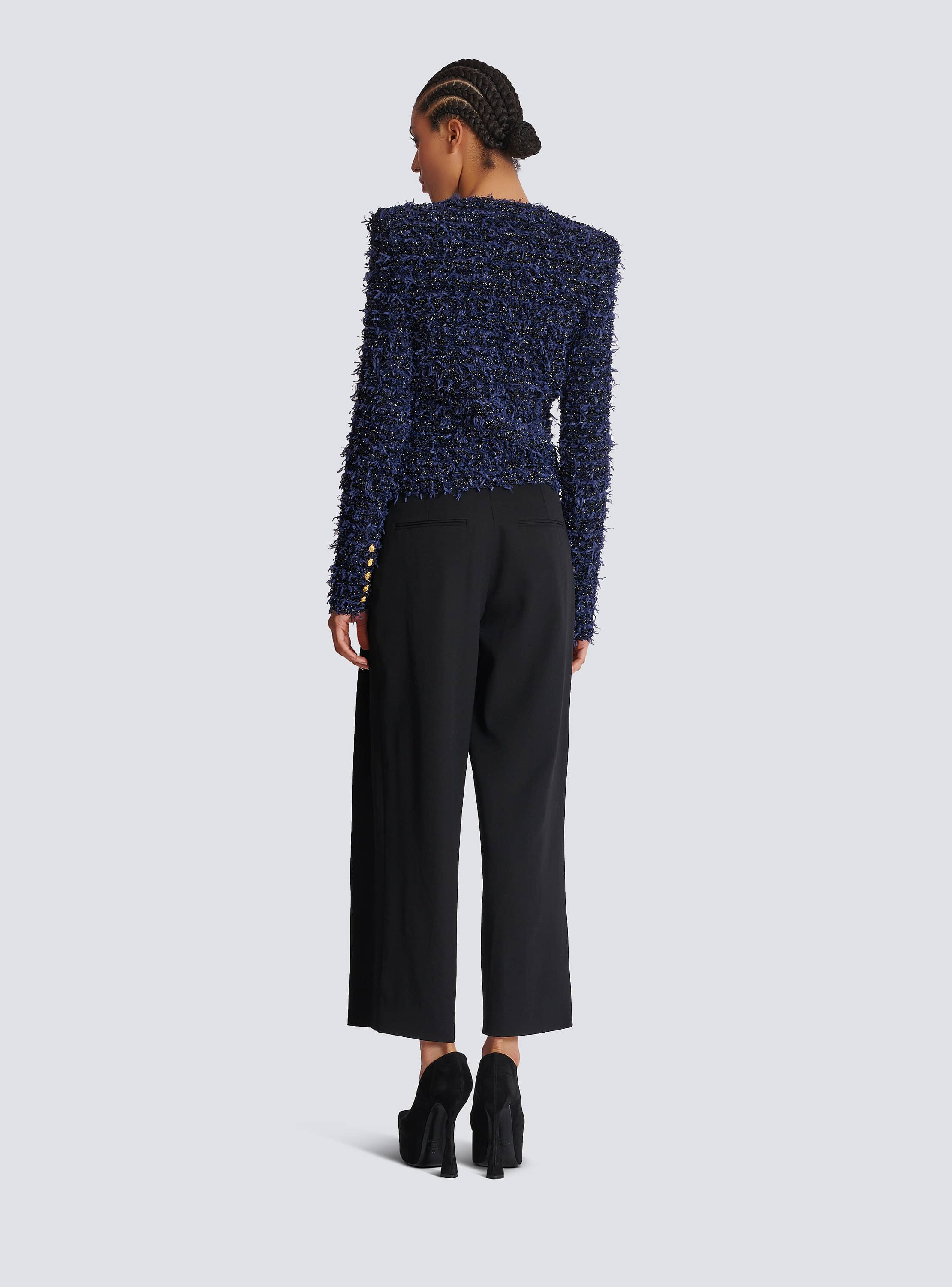 Cropped tweed knit jacket navy navy - Women | BALMAIN