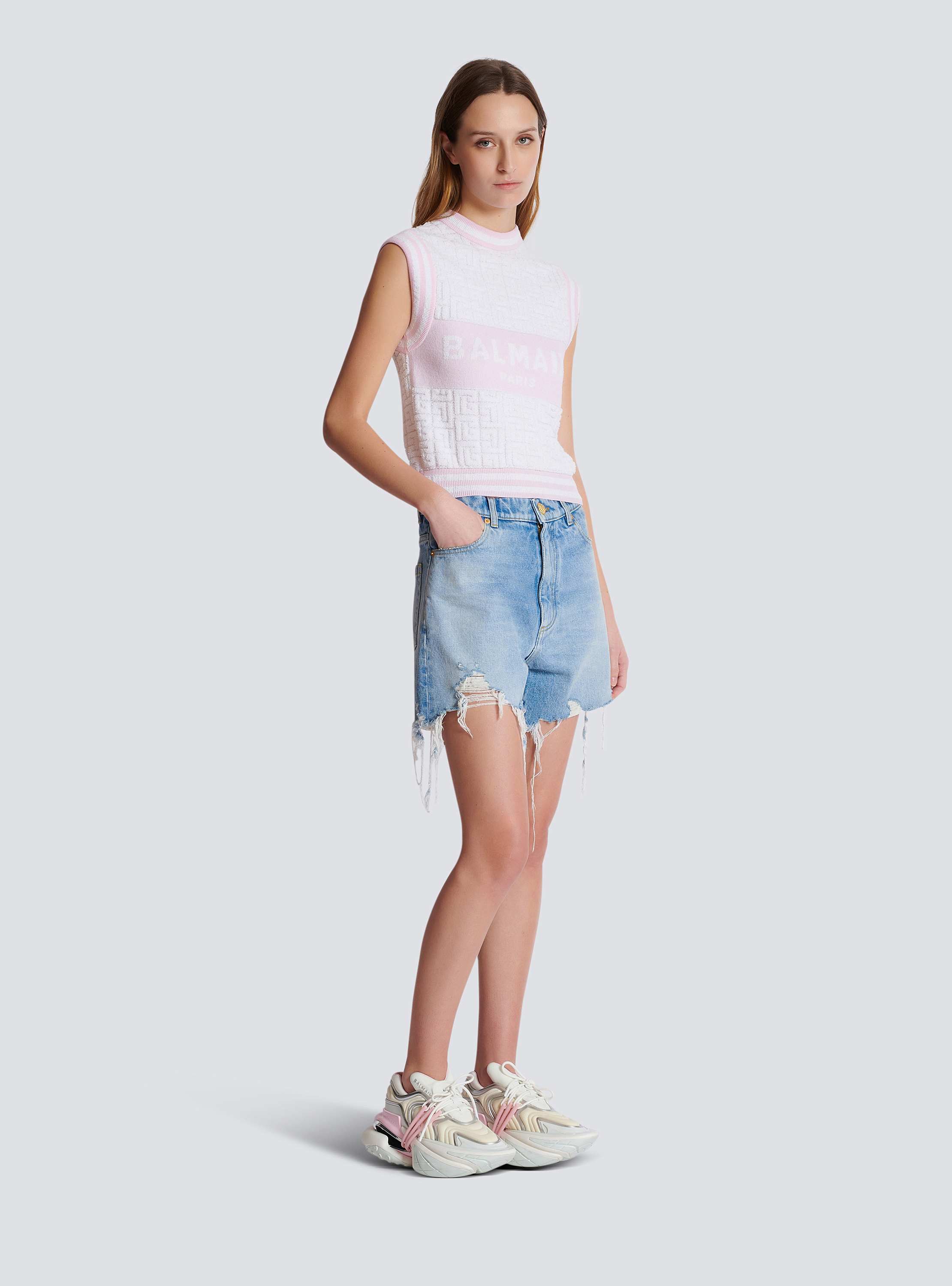 Sleeveless monogram knit top pink - Women | BALMAIN