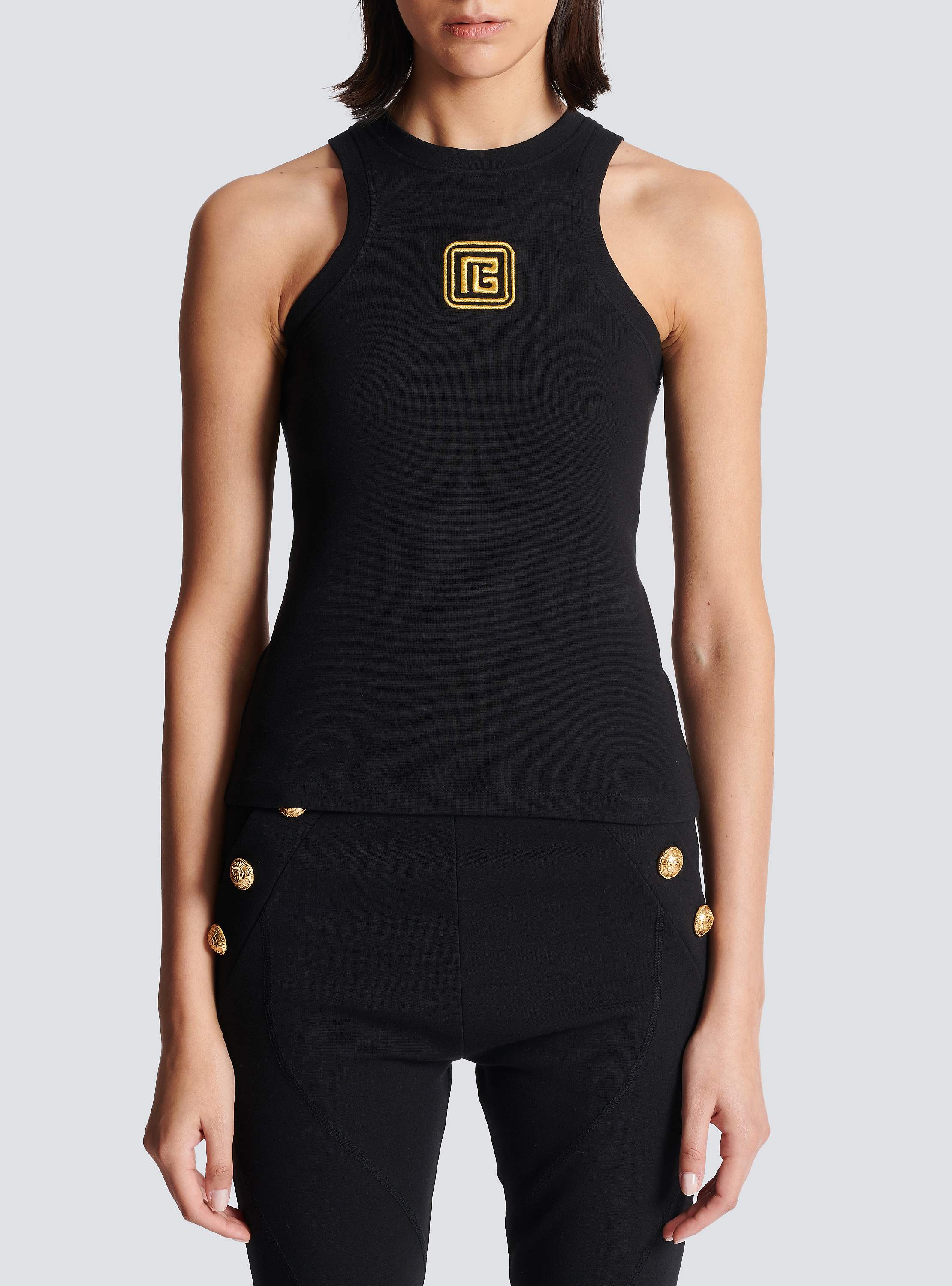 BALMAIN ロコ エンヘリッシュト ツヒス 水着 BKB8014500 610 Balmain logo-embroidered Racerback Tank Top | Blue | FARFETCH