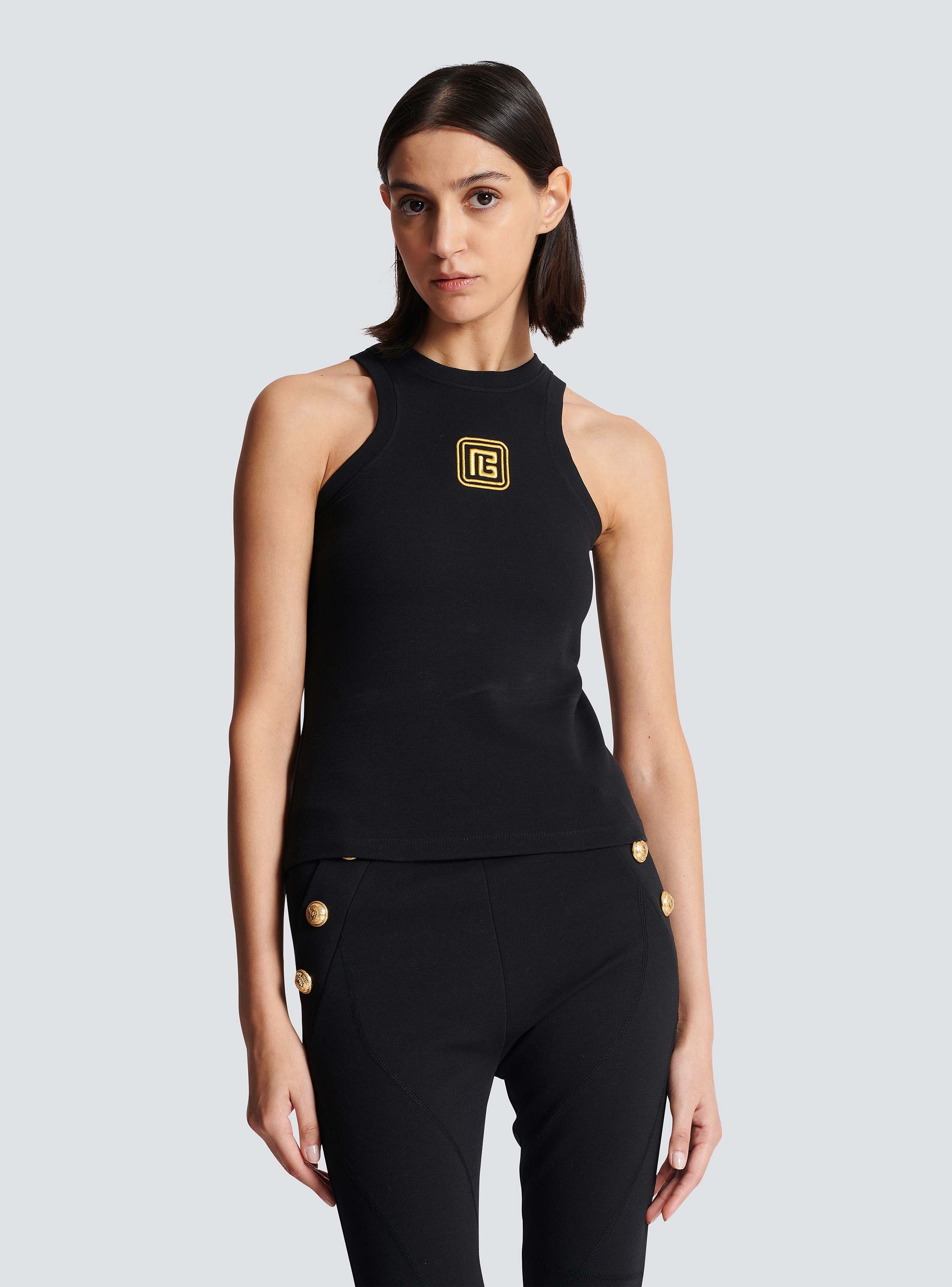 【関税込み】Balmain ブラック Tank Top プリントTシャツ Tank top with Retro PB embroidery - Women | BALMAIN