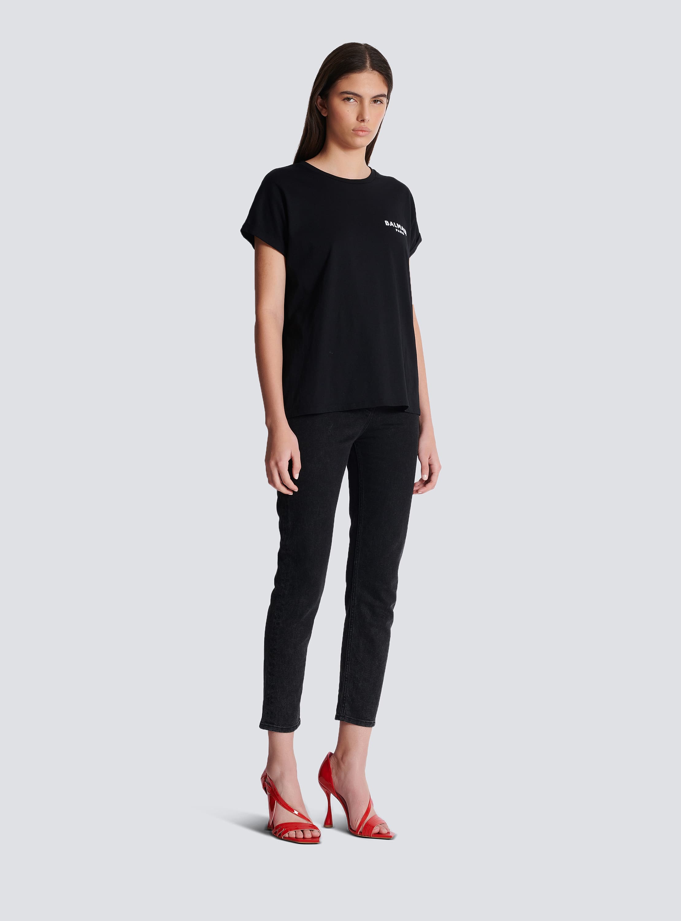 T-shirt with flocked Balmain Paris logo black - Women | BALMAIN