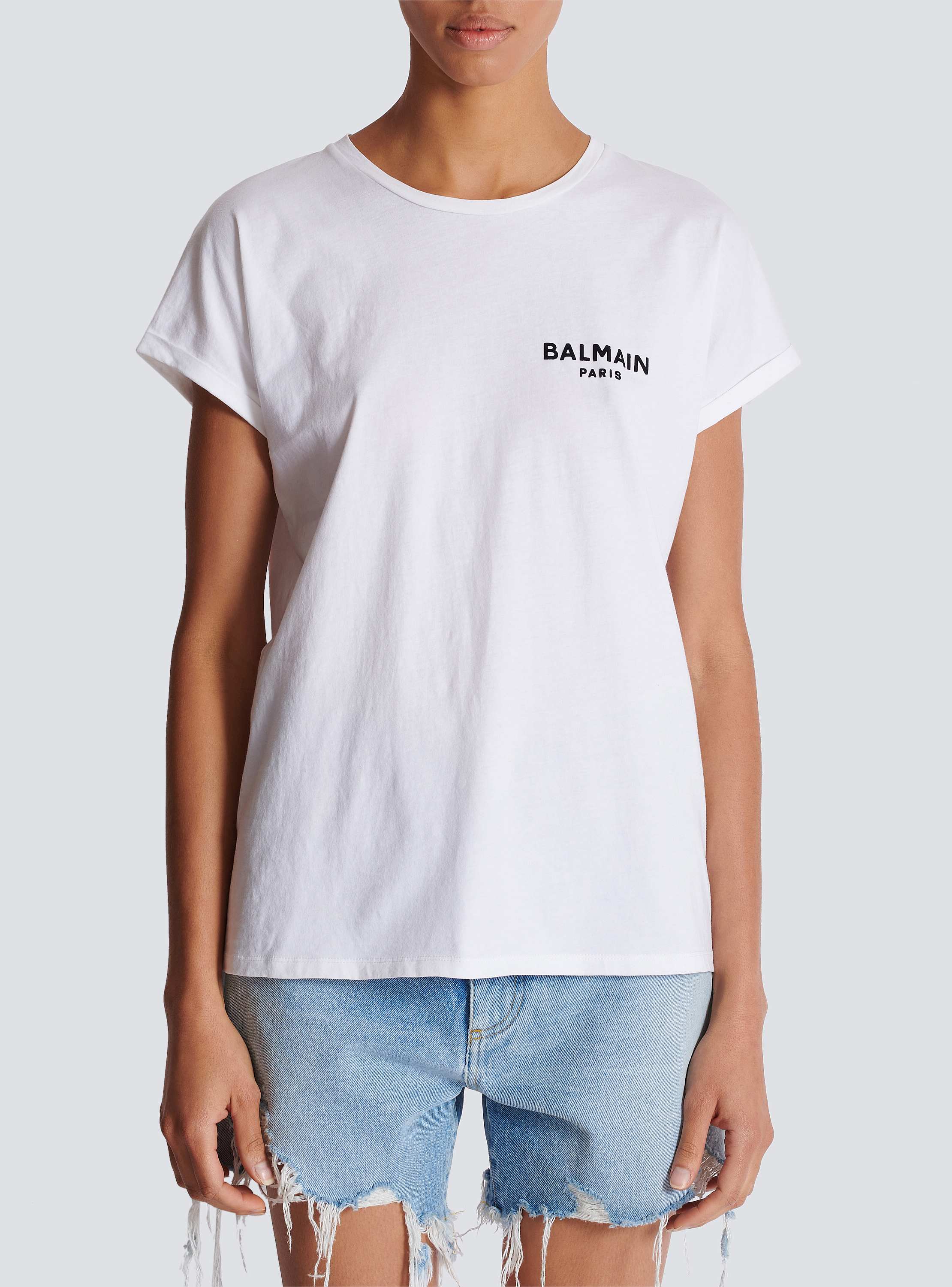 T-shirt with flocked Balmain Paris logo white - Women | BALMAIN