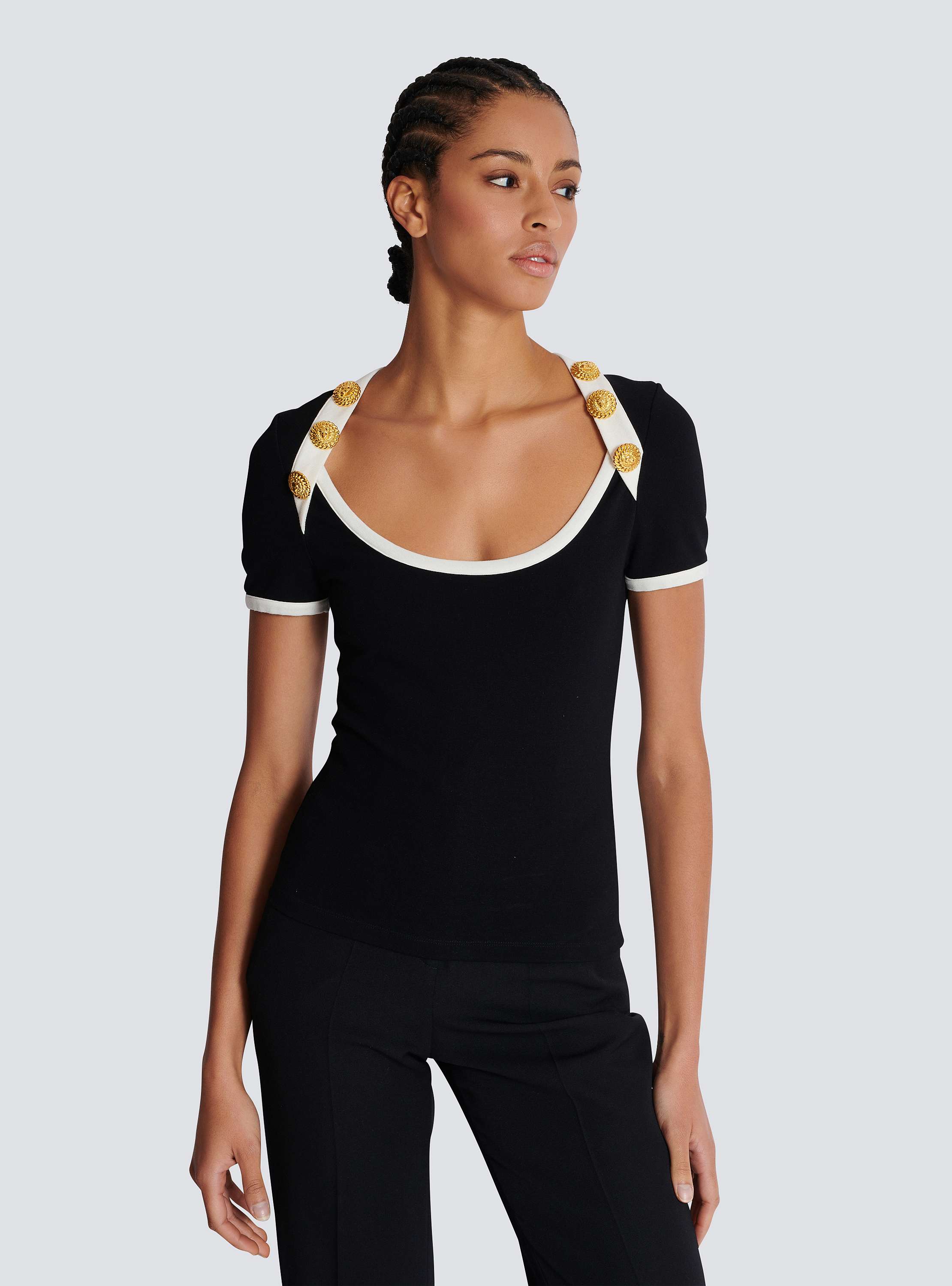 Two-tone T-shirt with button details black - Women | BALMAIN
