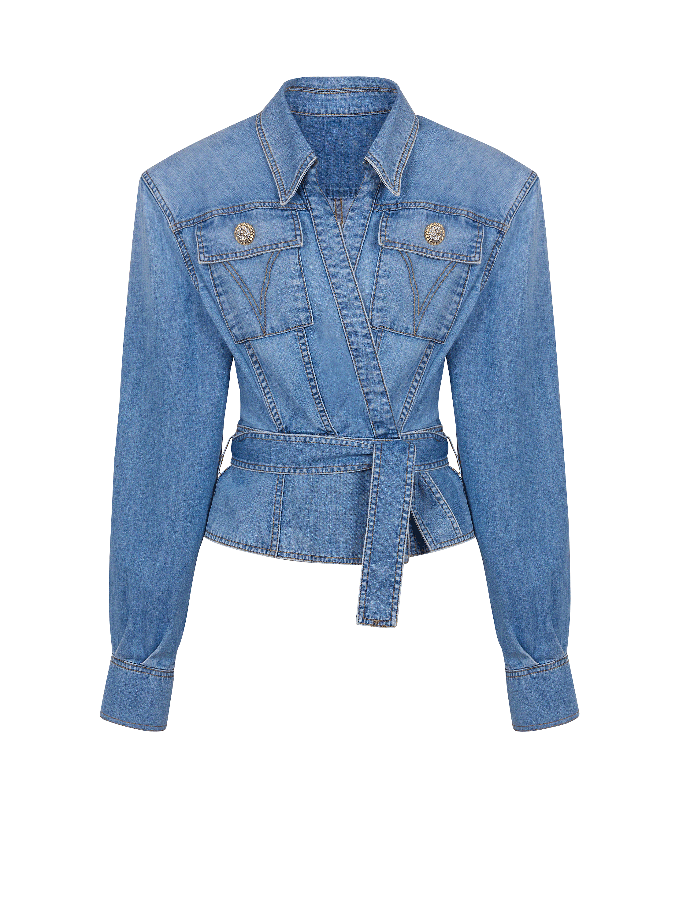 Denim belted crop shirt