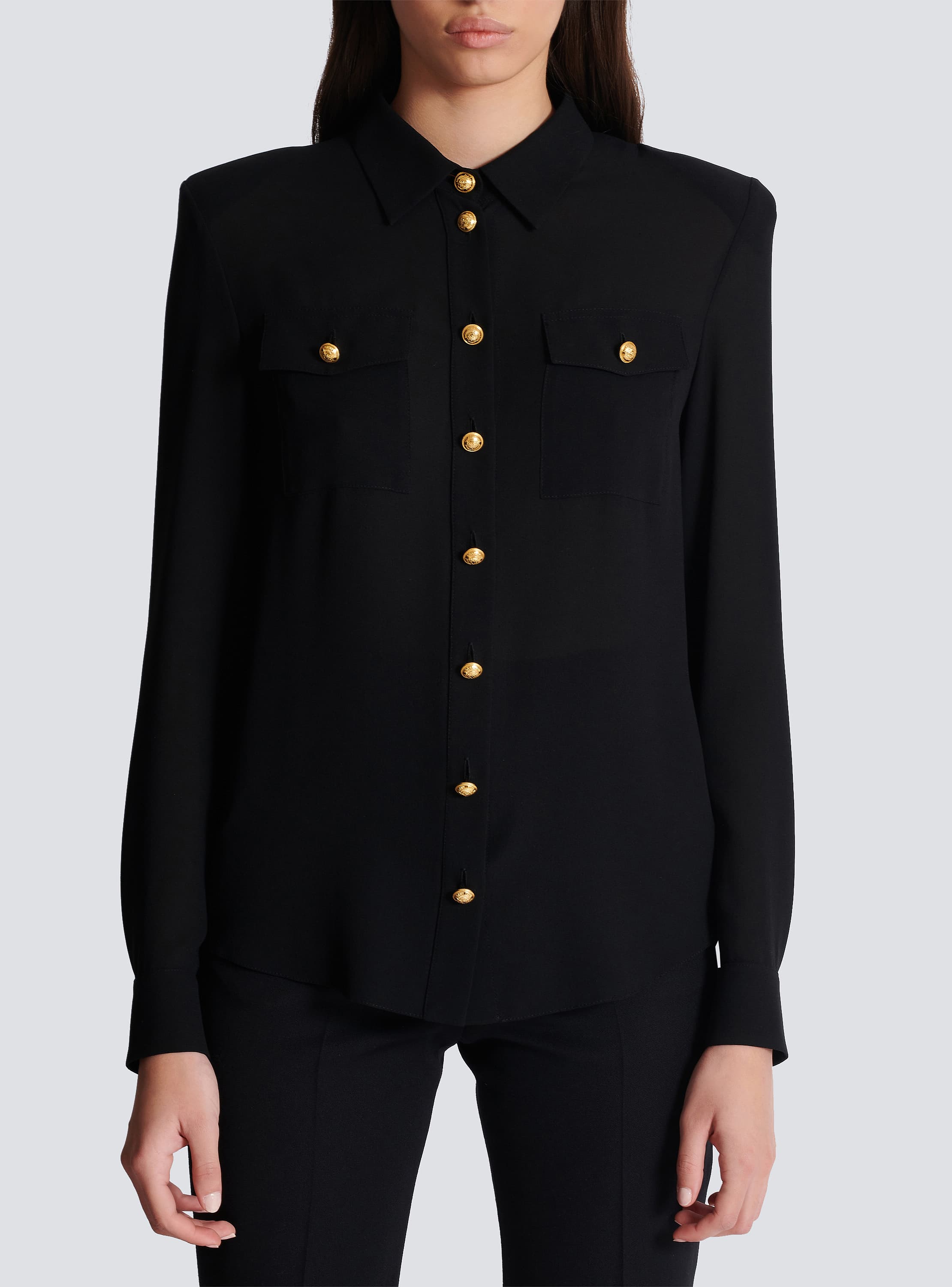 【関税込み】Balmain ブラック Paris プリント フーディ Crepe de chine shirt - Women | BALMAIN