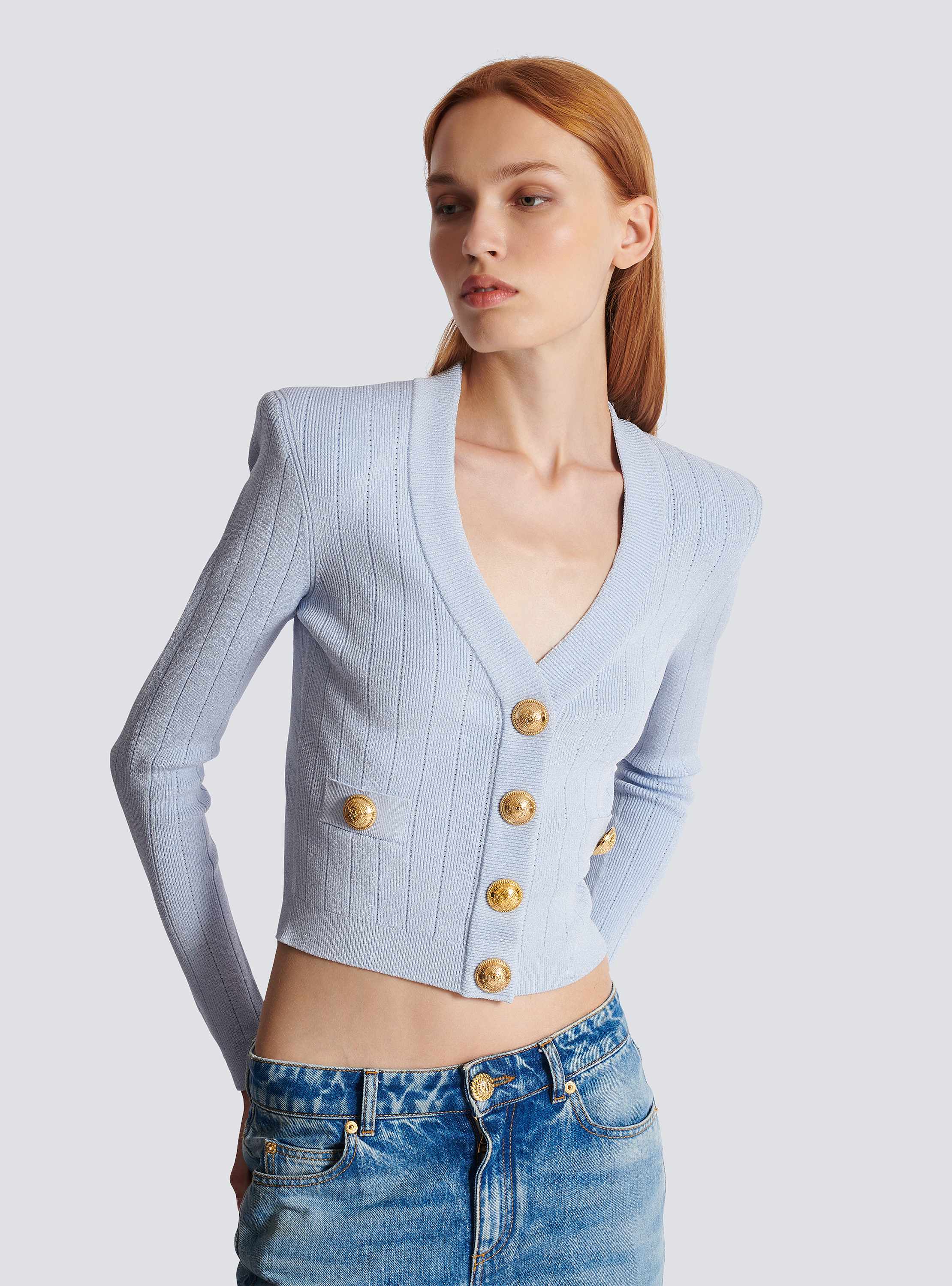 Cropped knit cardigan blue blue - Women | BALMAIN