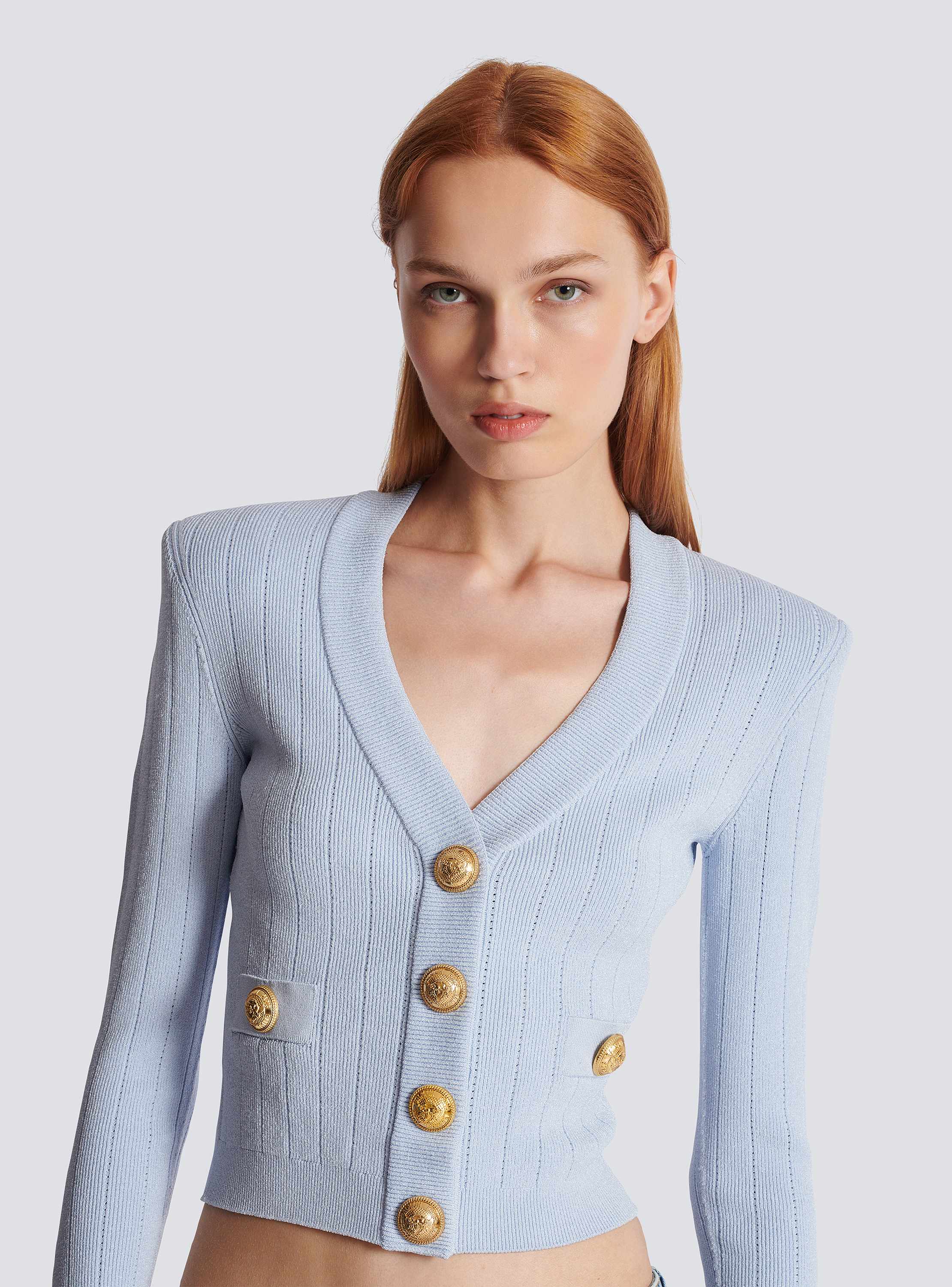 Cropped knit cardigan blue blue - Women | BALMAIN