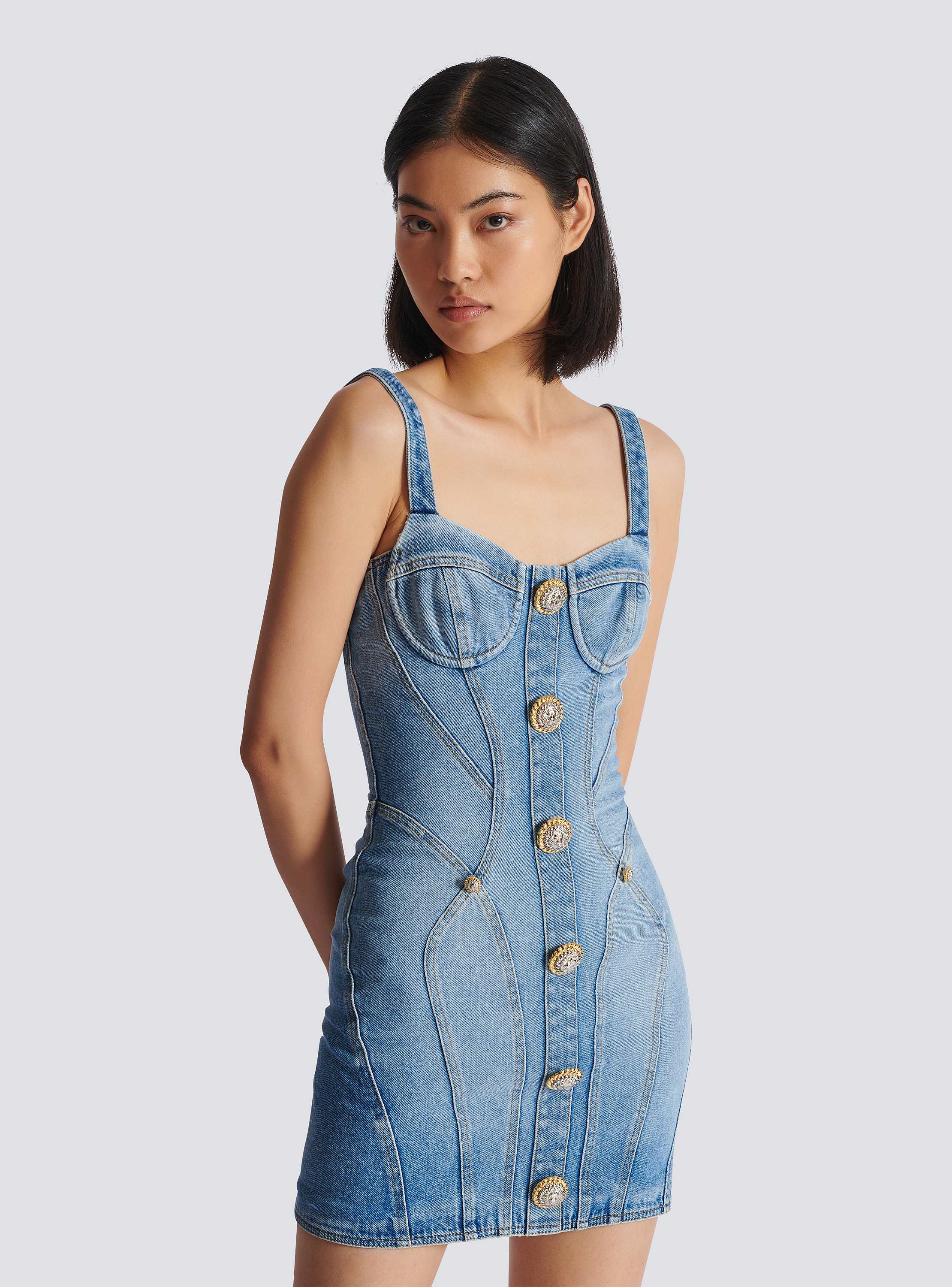 Buttoned short denim dress - Women | BALMAIN