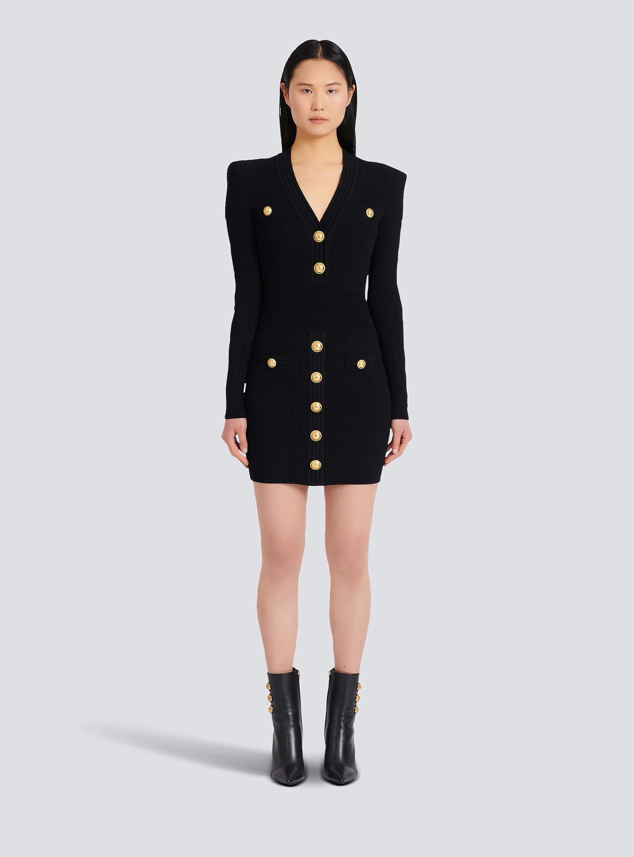 black dress with gold buttons Women's Tailored Button Blazer This short knit dress features long sleeves Black Button & Chain Detail