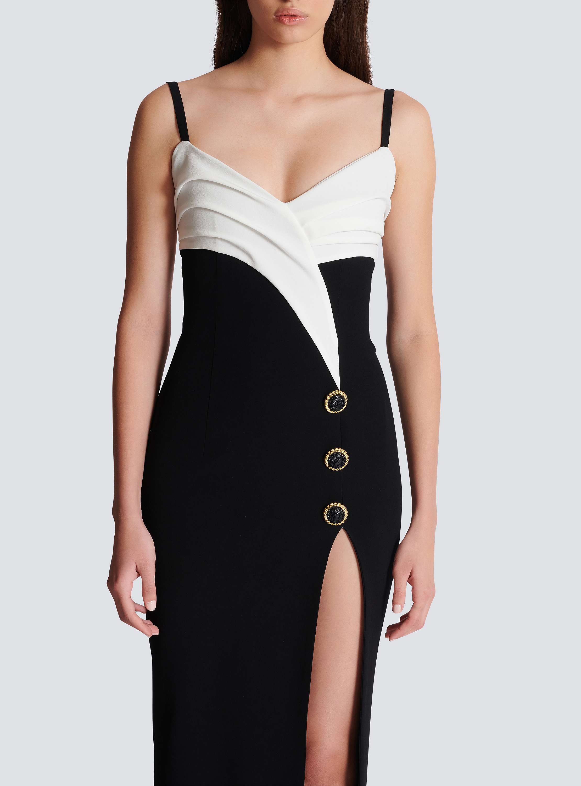 Two-tone long crepe dress with leg slit black - Women | BALMAIN Two-tone long crepe dress with leg slit black - Women | BALMAIN