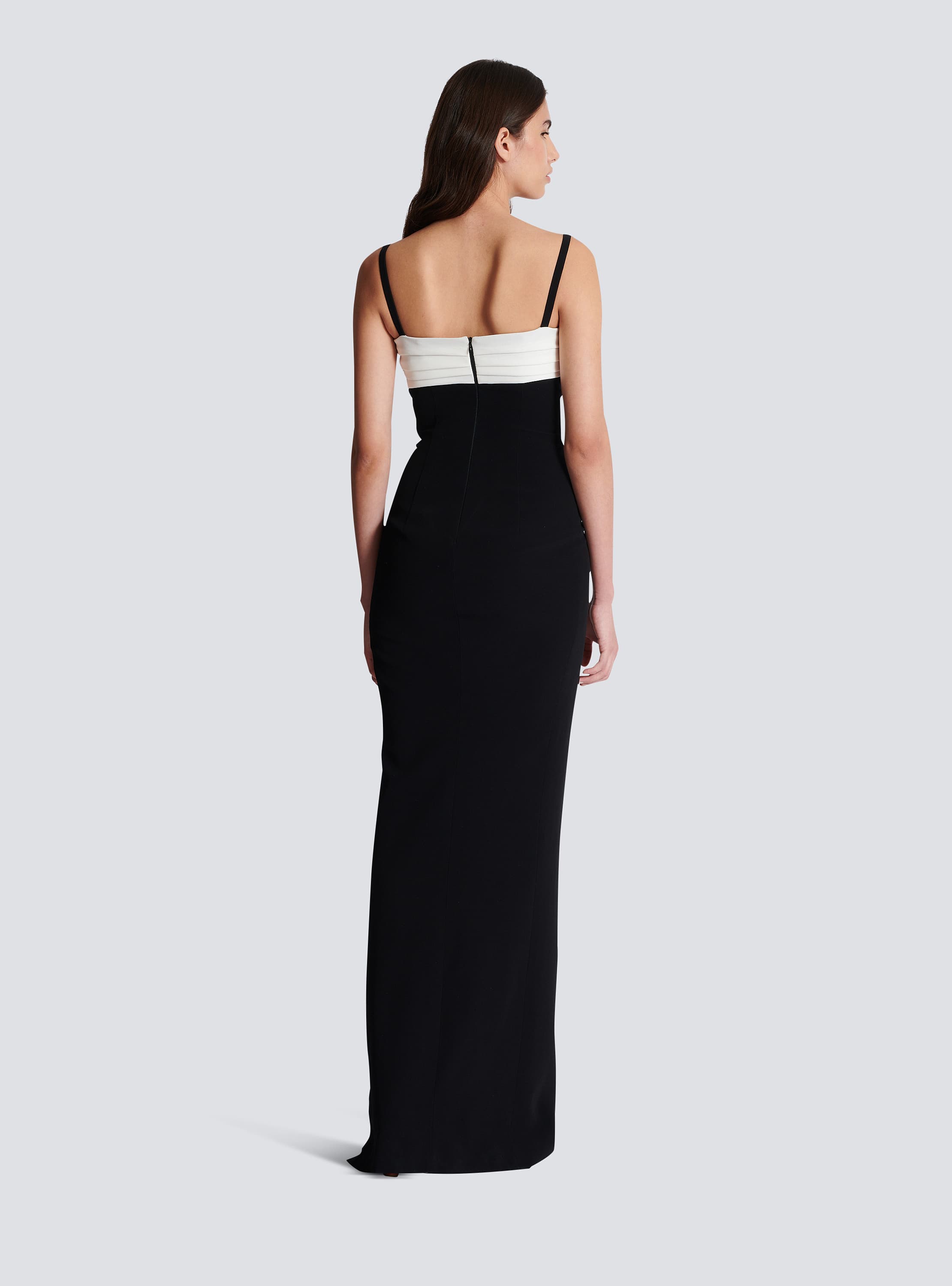Two-tone long crepe dress with leg slit black - Women | BALMAIN